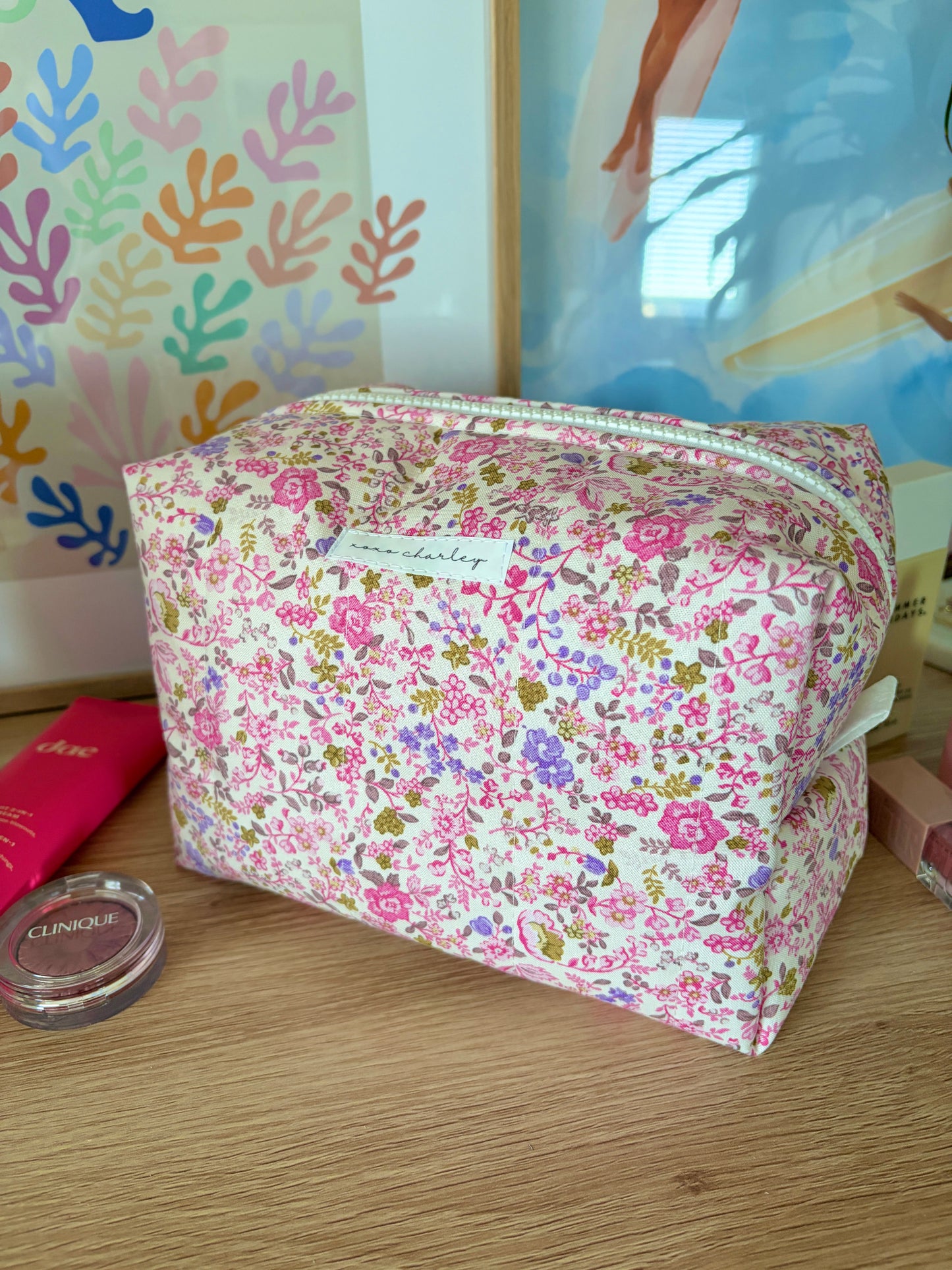Ditsy Picnic Pink Large Makeup Bag