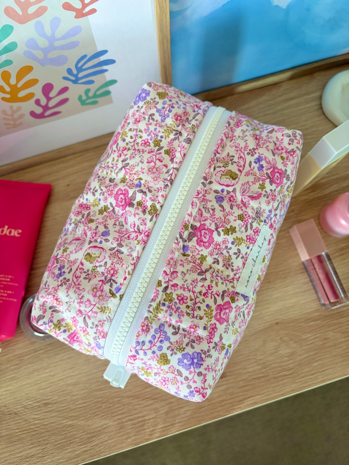 Ditsy Picnic Pink Large Makeup Bag