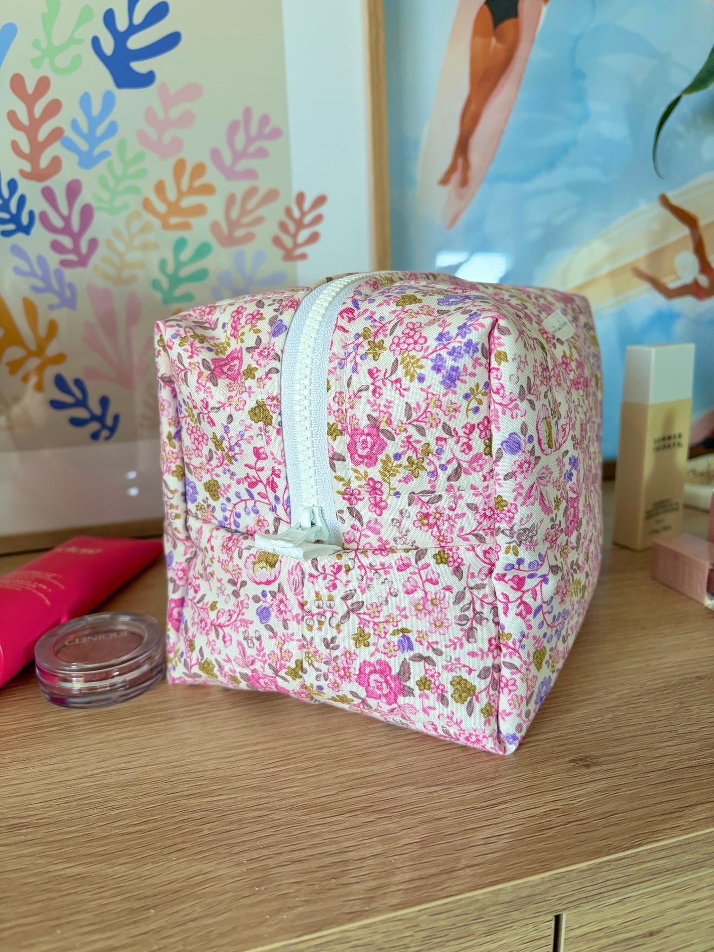 Ditsy Picnic Pink Large Makeup Bag