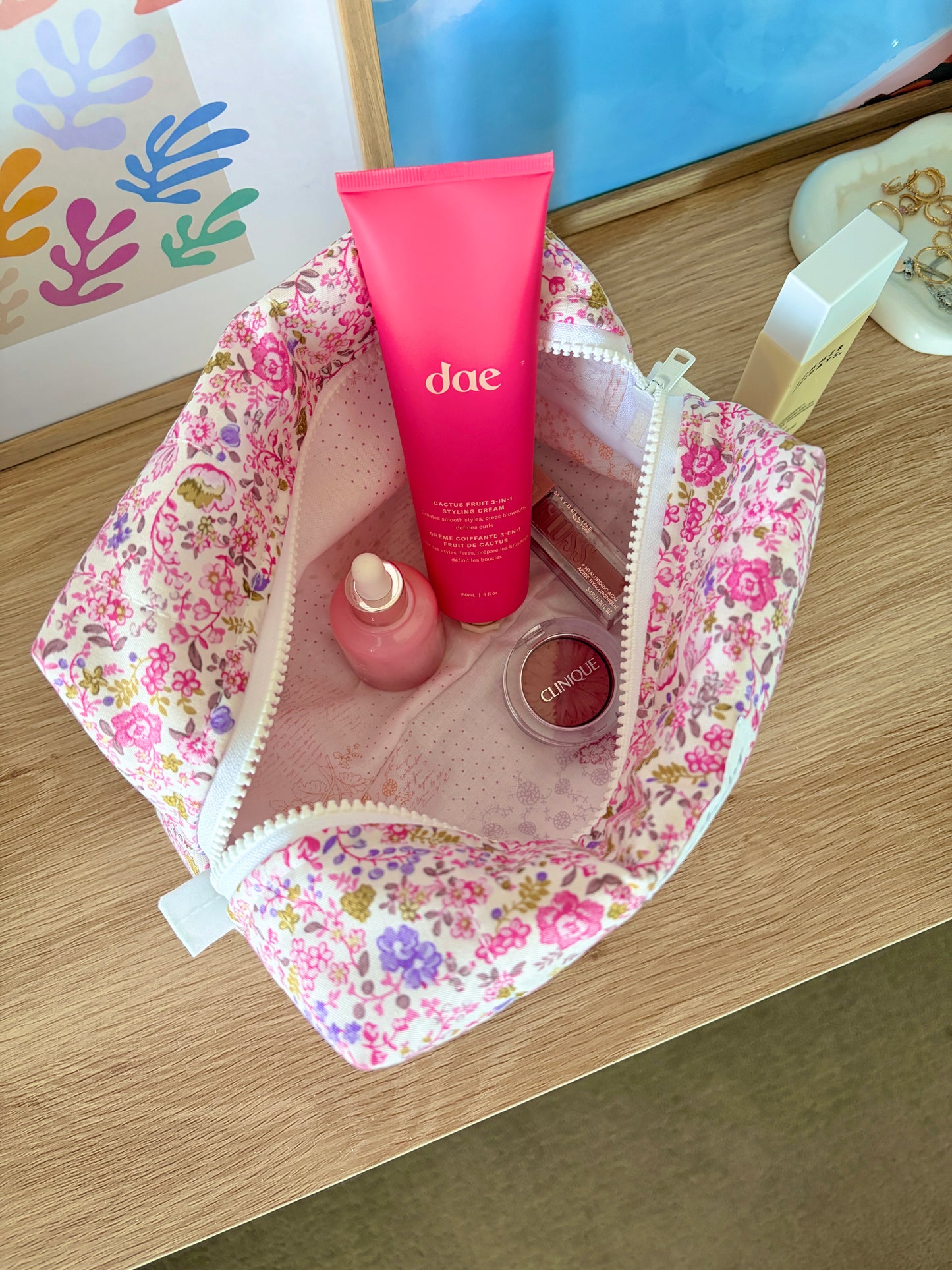 Ditsy Picnic Pink Large Makeup Bag