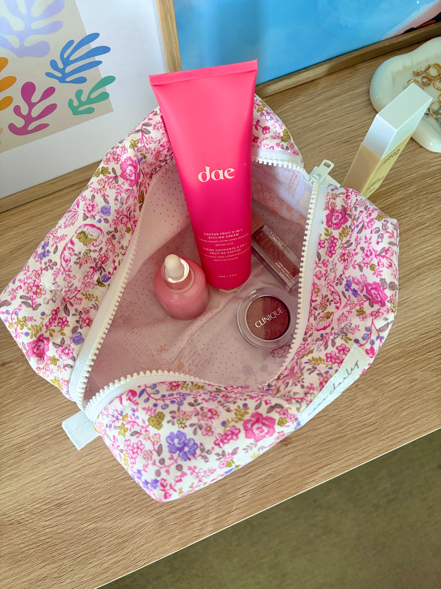 Ditsy Picnic Pink Large Makeup Bag