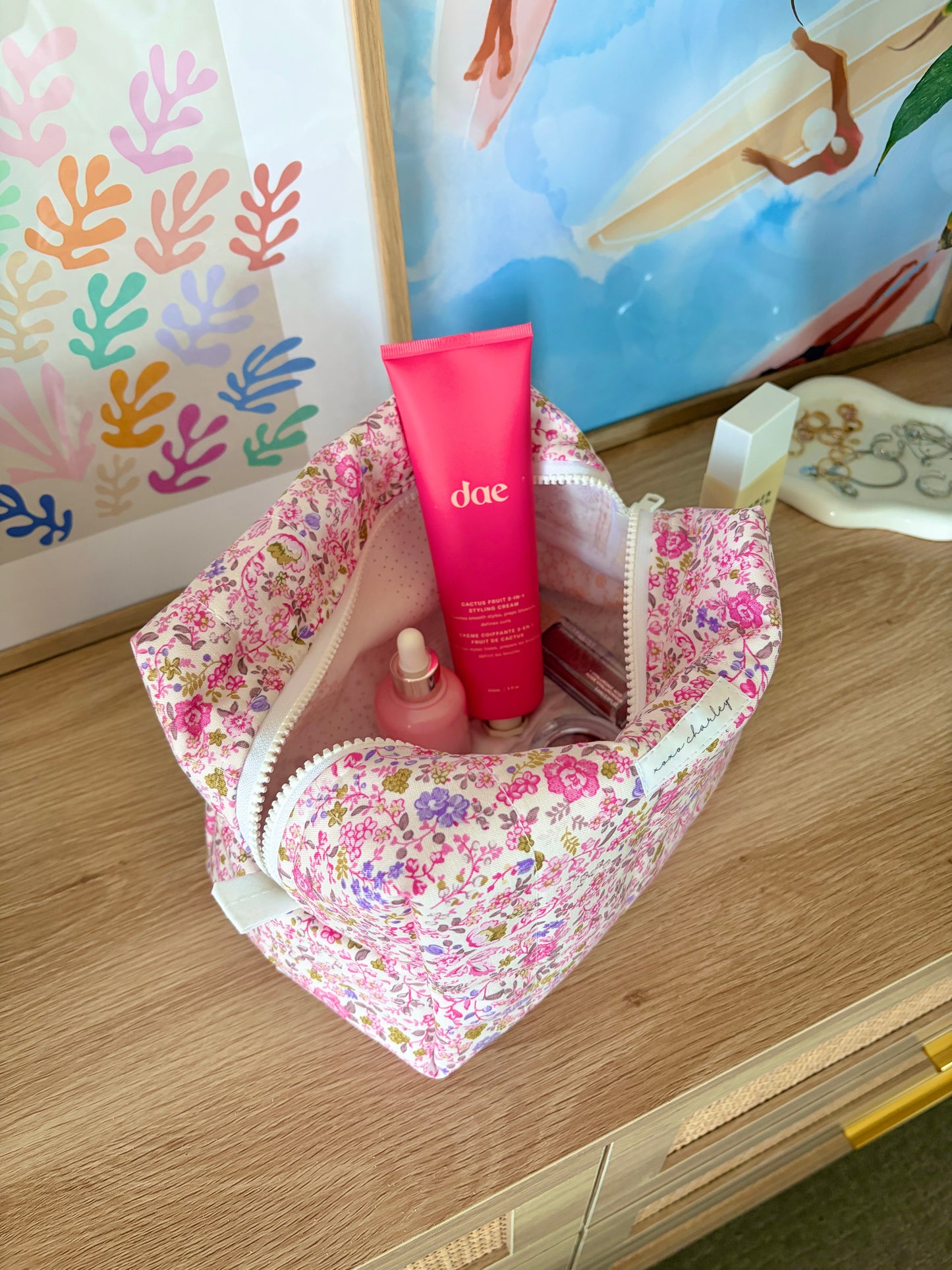 Ditsy Picnic Pink Large Makeup Bag