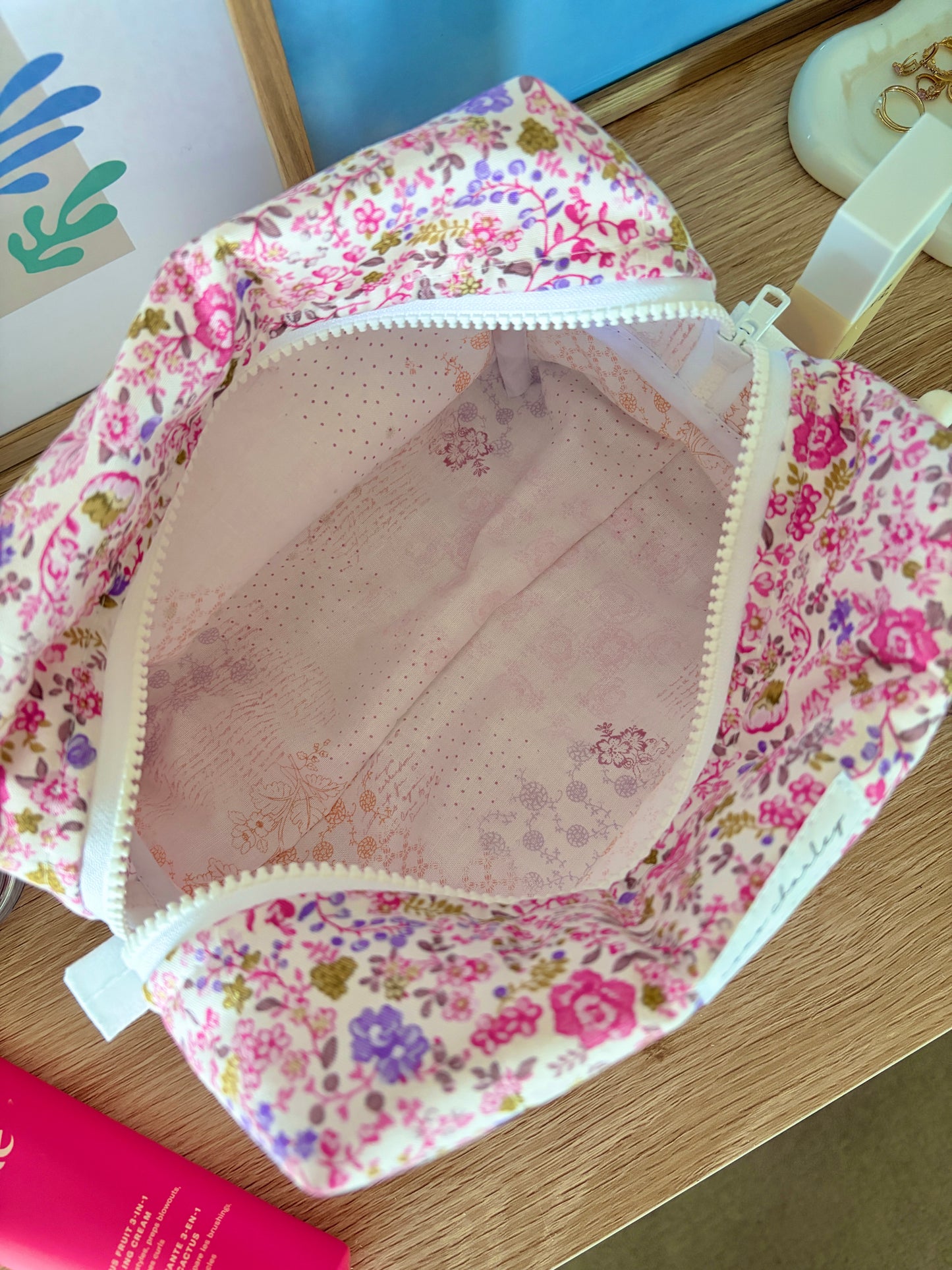 Ditsy Picnic Pink Large Makeup Bag