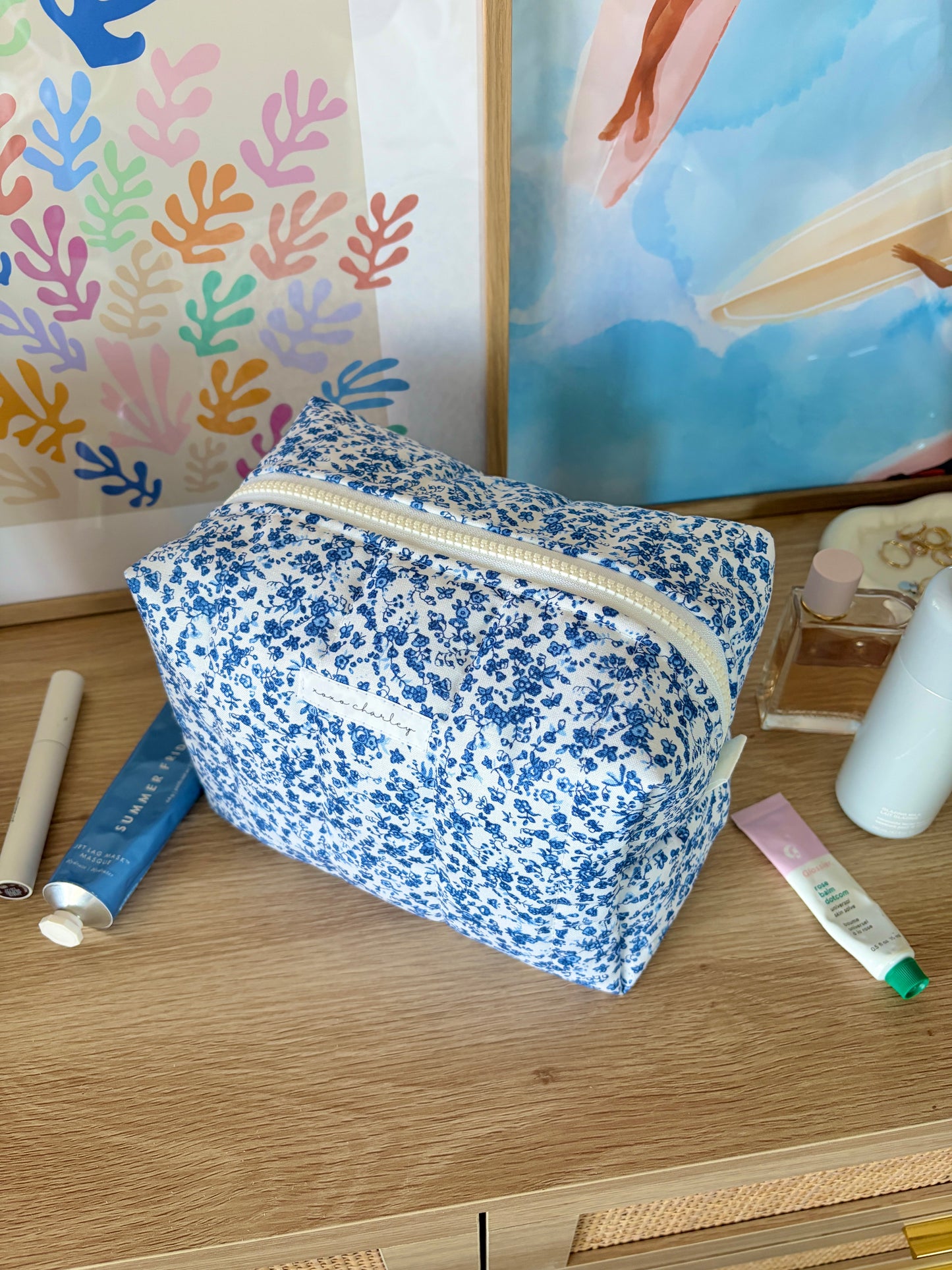 Royal Blue Floral Large Makeup Bag