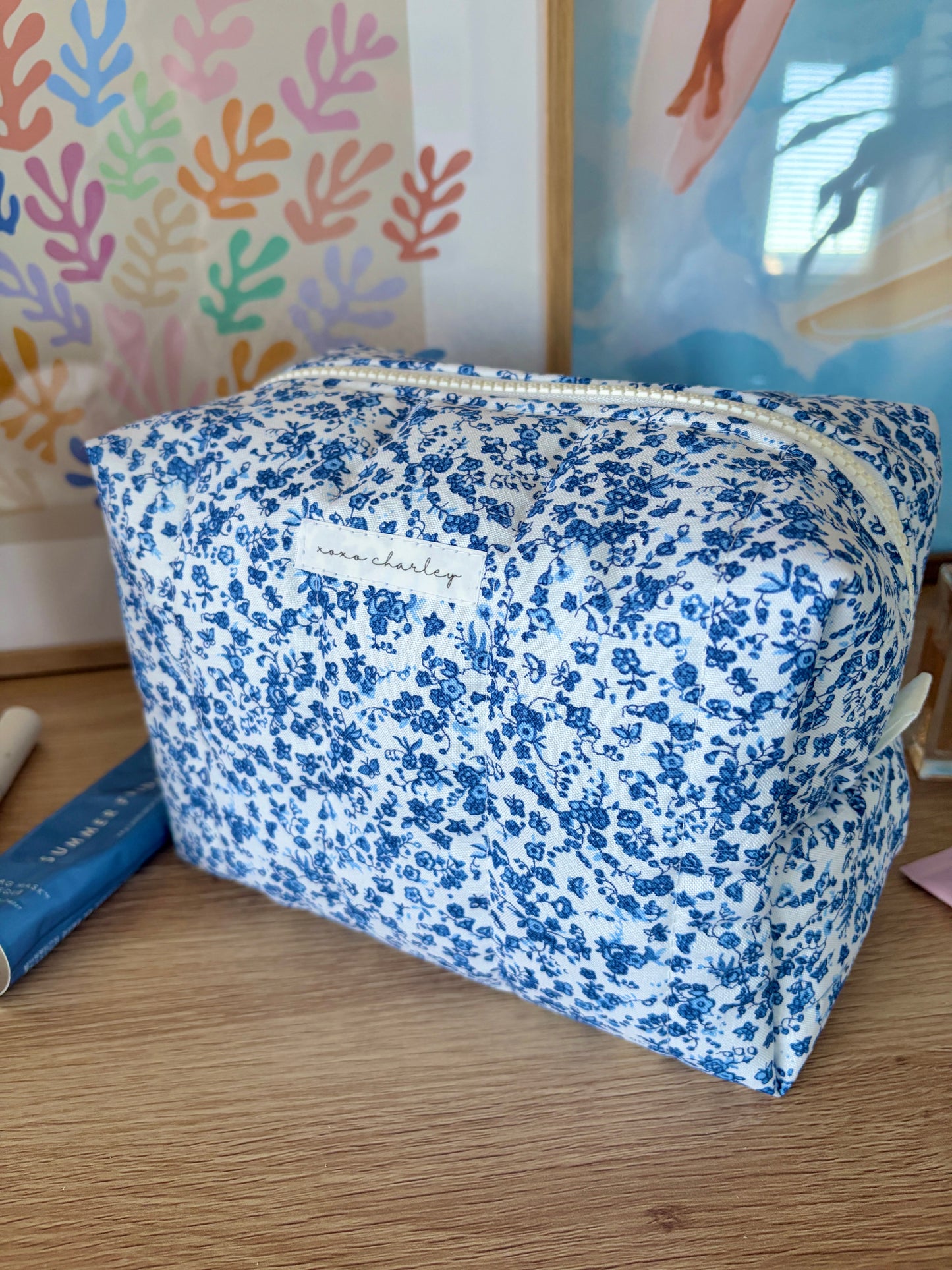 Royal Blue Floral Large Makeup Bag