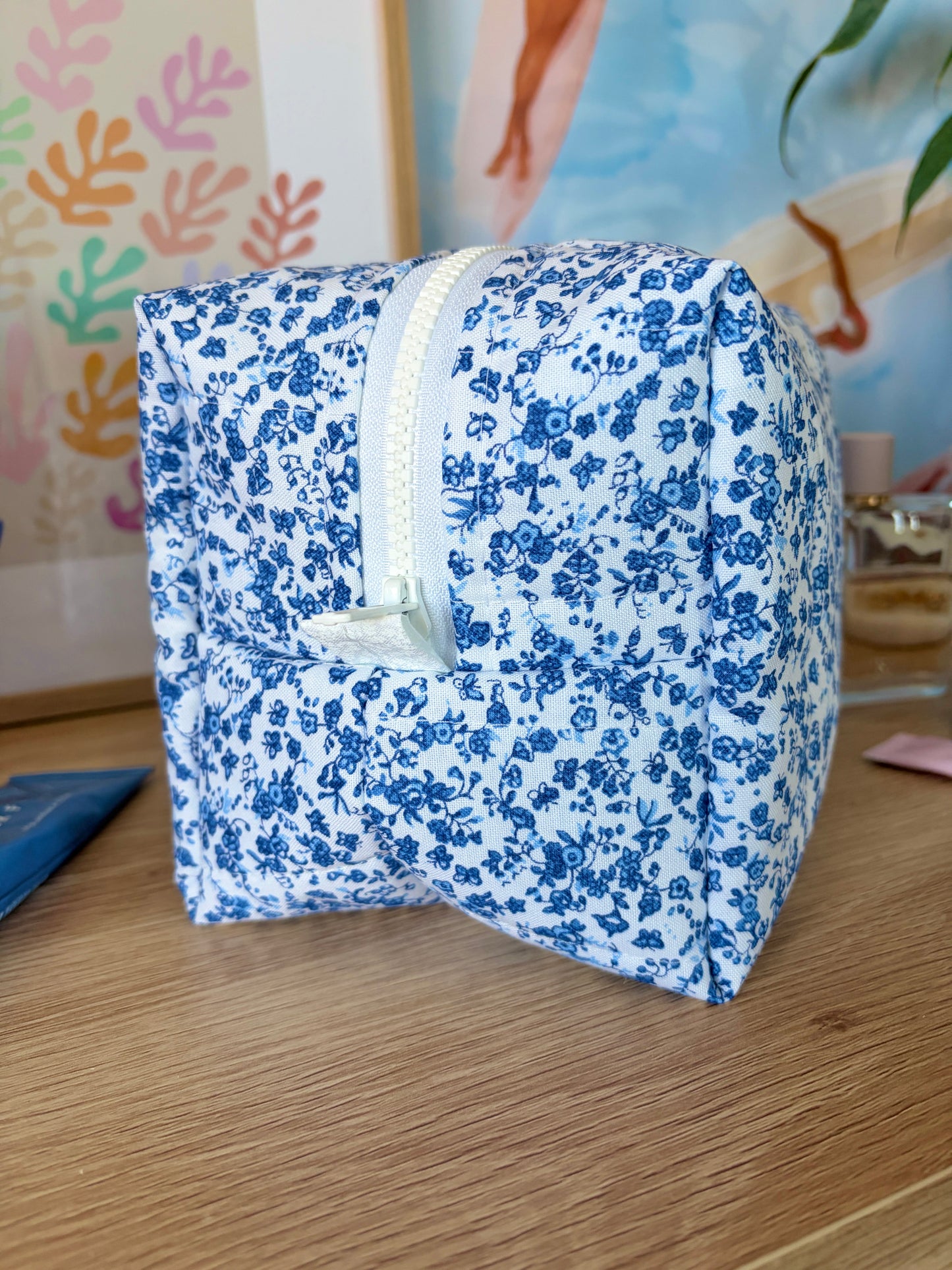 Royal Blue Floral Large Makeup Bag
