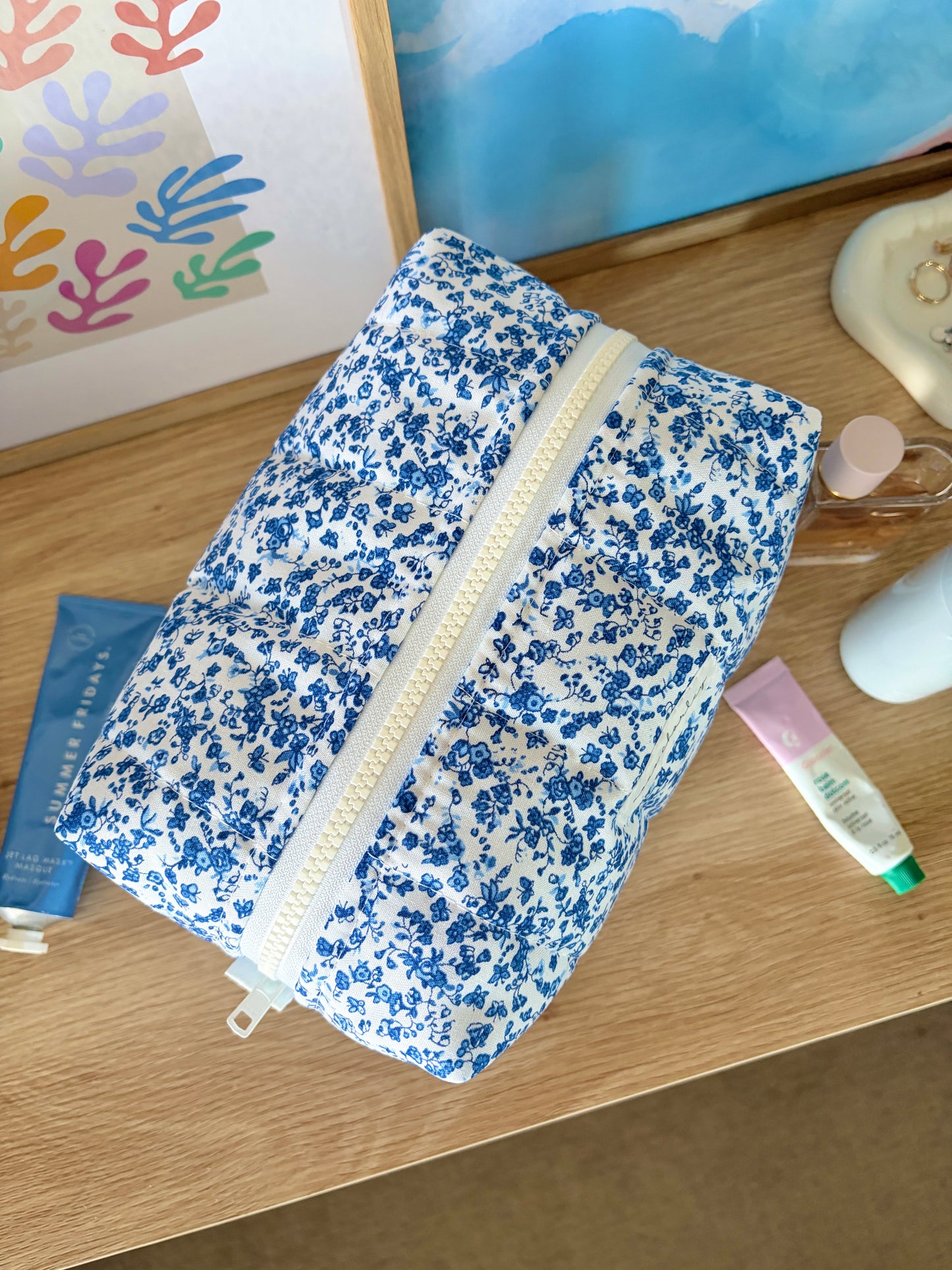 Royal Blue Floral Large Makeup Bag