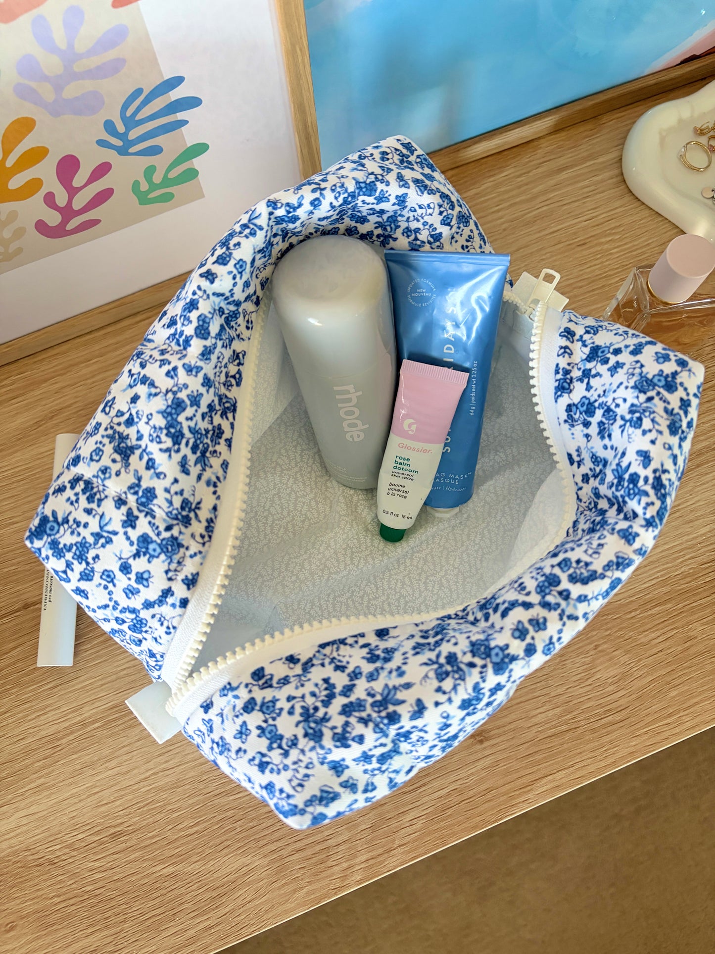 Royal Blue Floral Large Makeup Bag