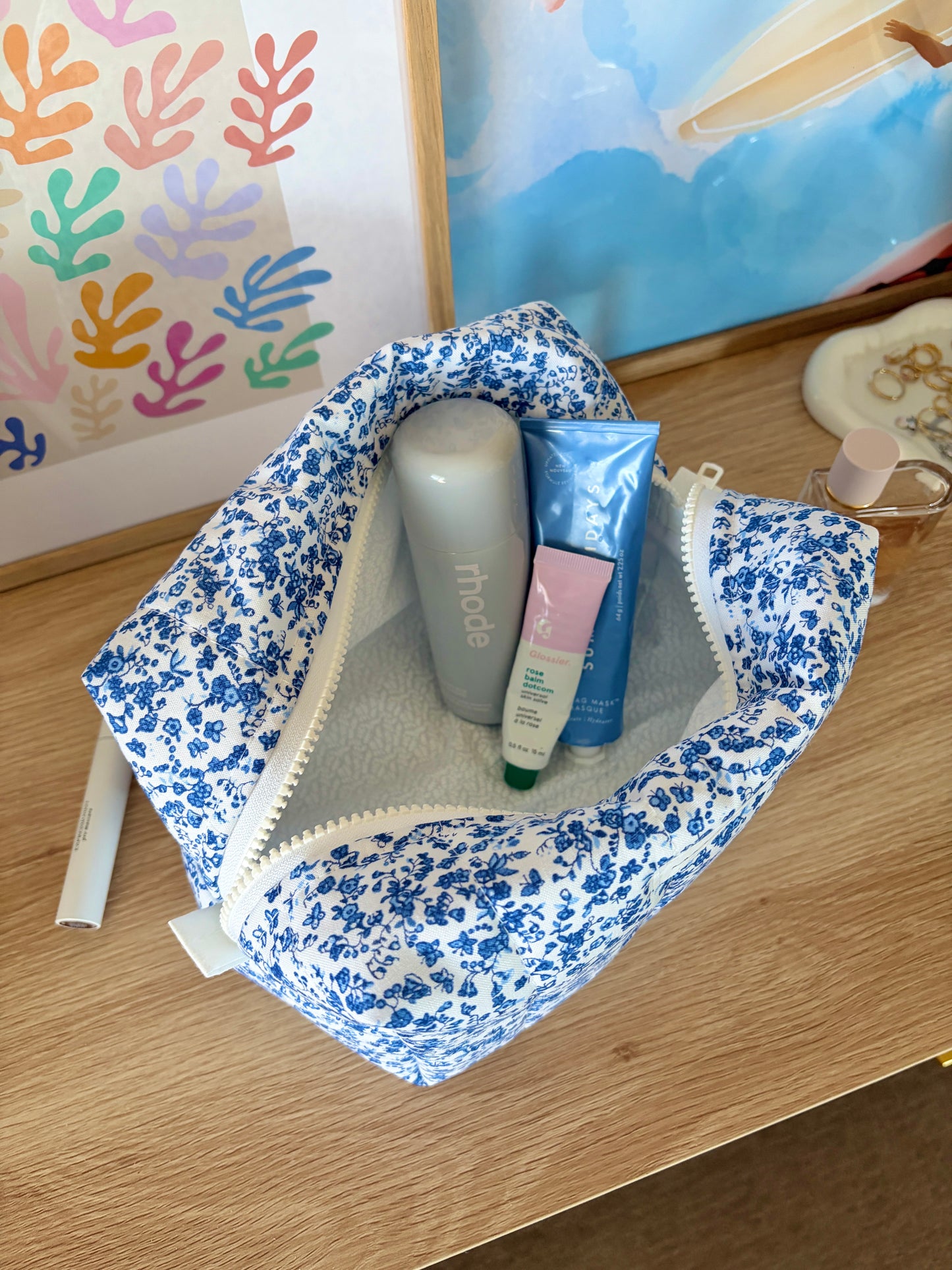 Royal Blue Floral Large Makeup Bag