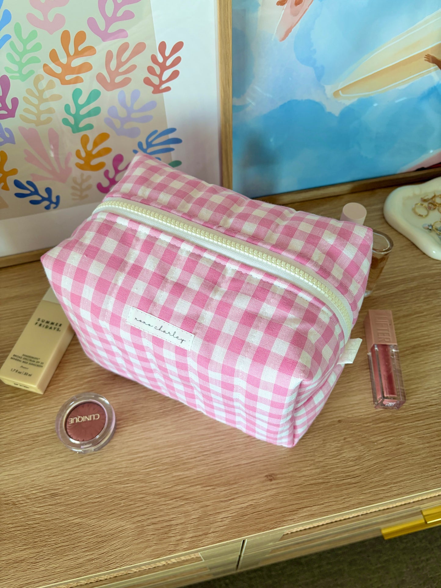 Pink Gingham Large Makeup Bag