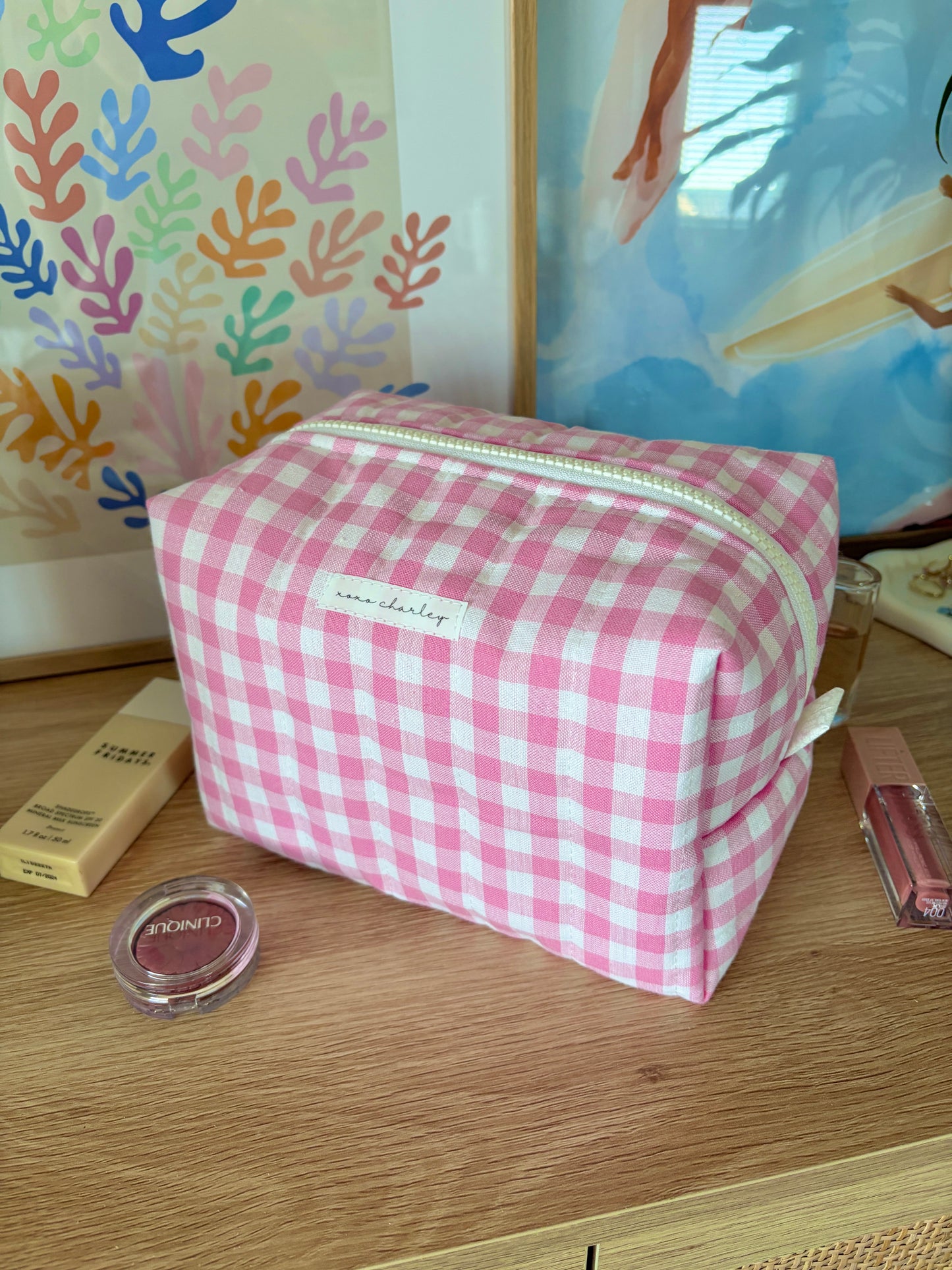 Pink Gingham Large Makeup Bag