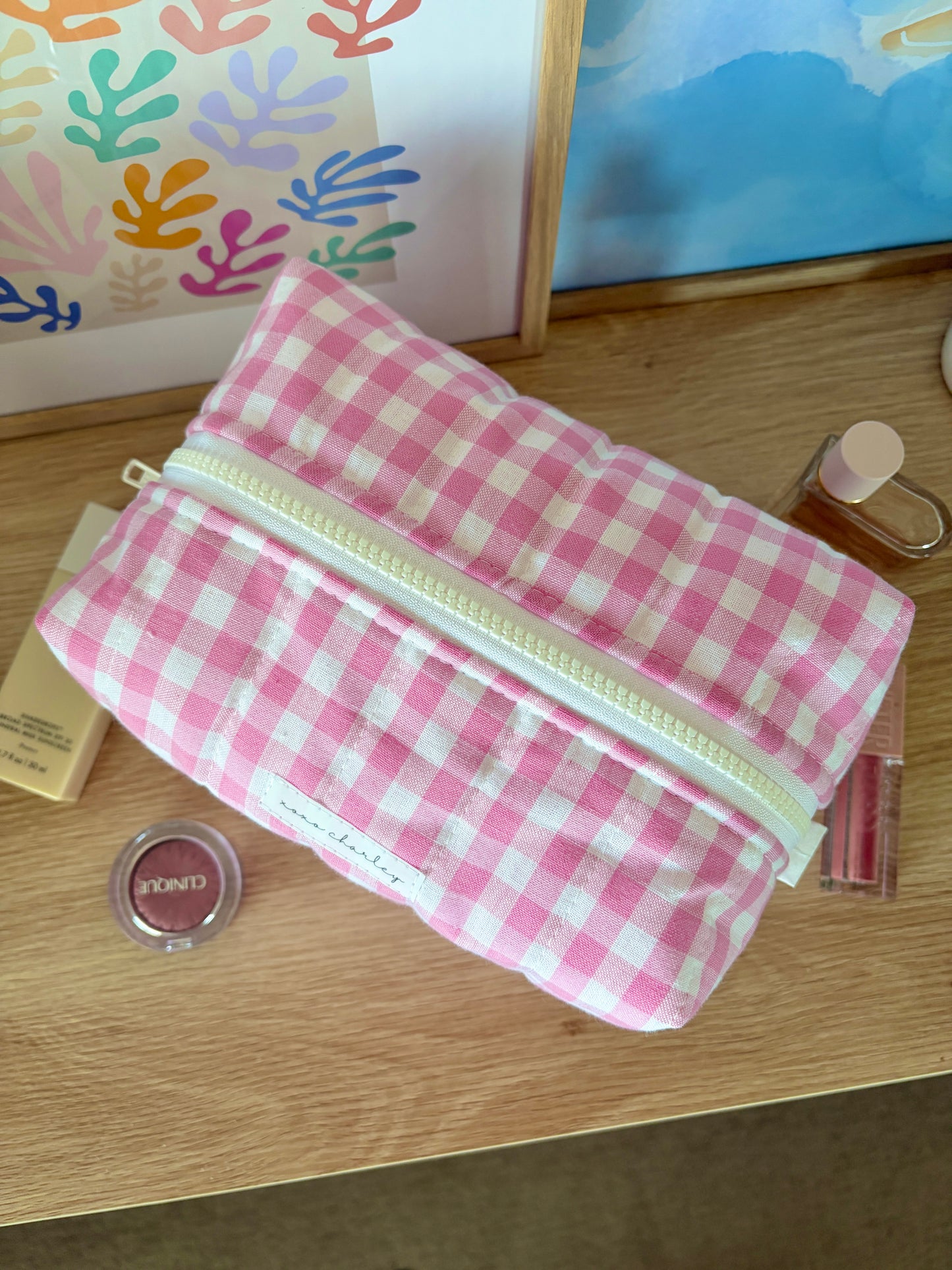 Pink Gingham Large Makeup Bag