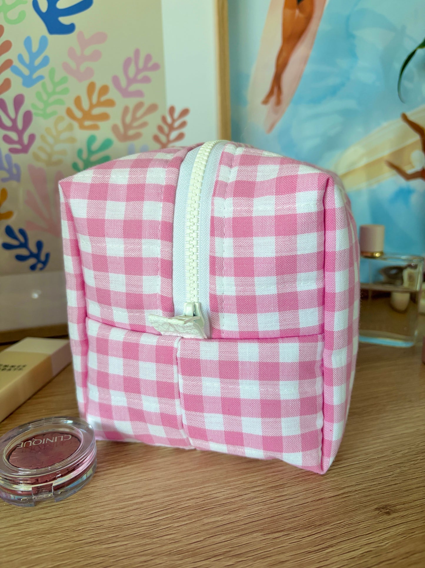 Pink Gingham Large Makeup Bag