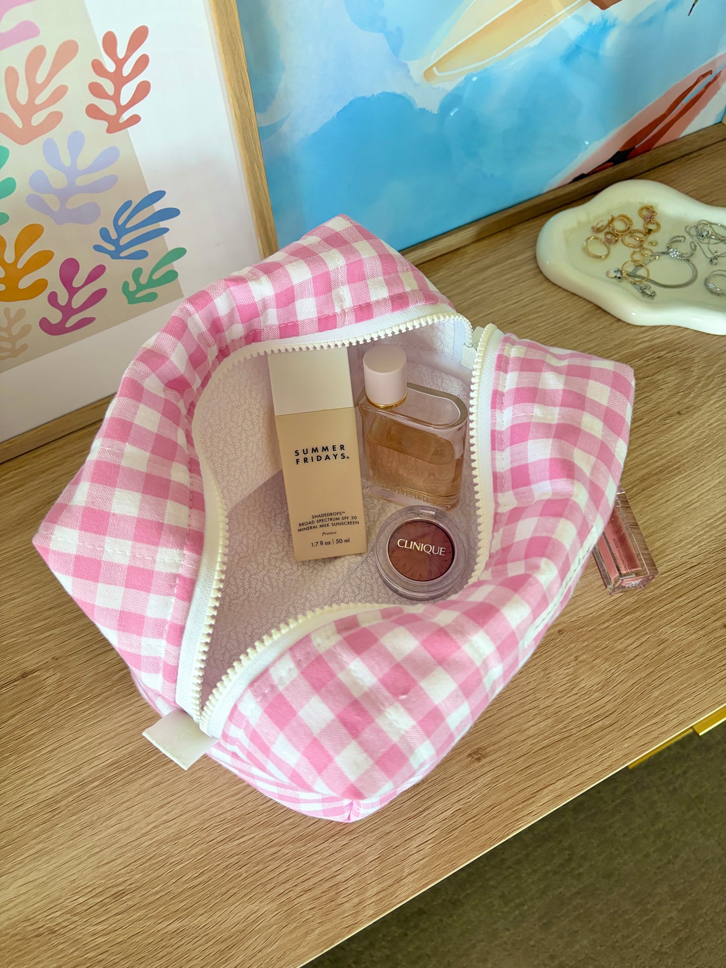 Pink Gingham Large Makeup Bag