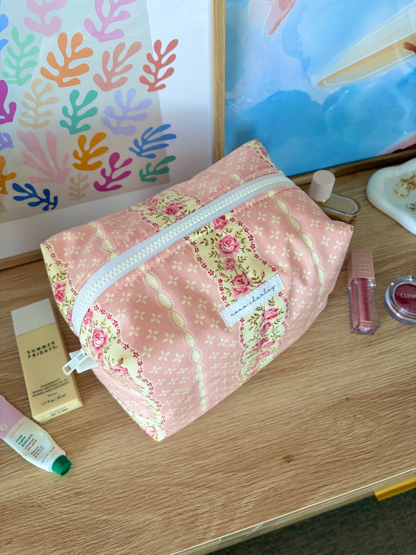 Pink & Yellow Floral Large Makeup Bag