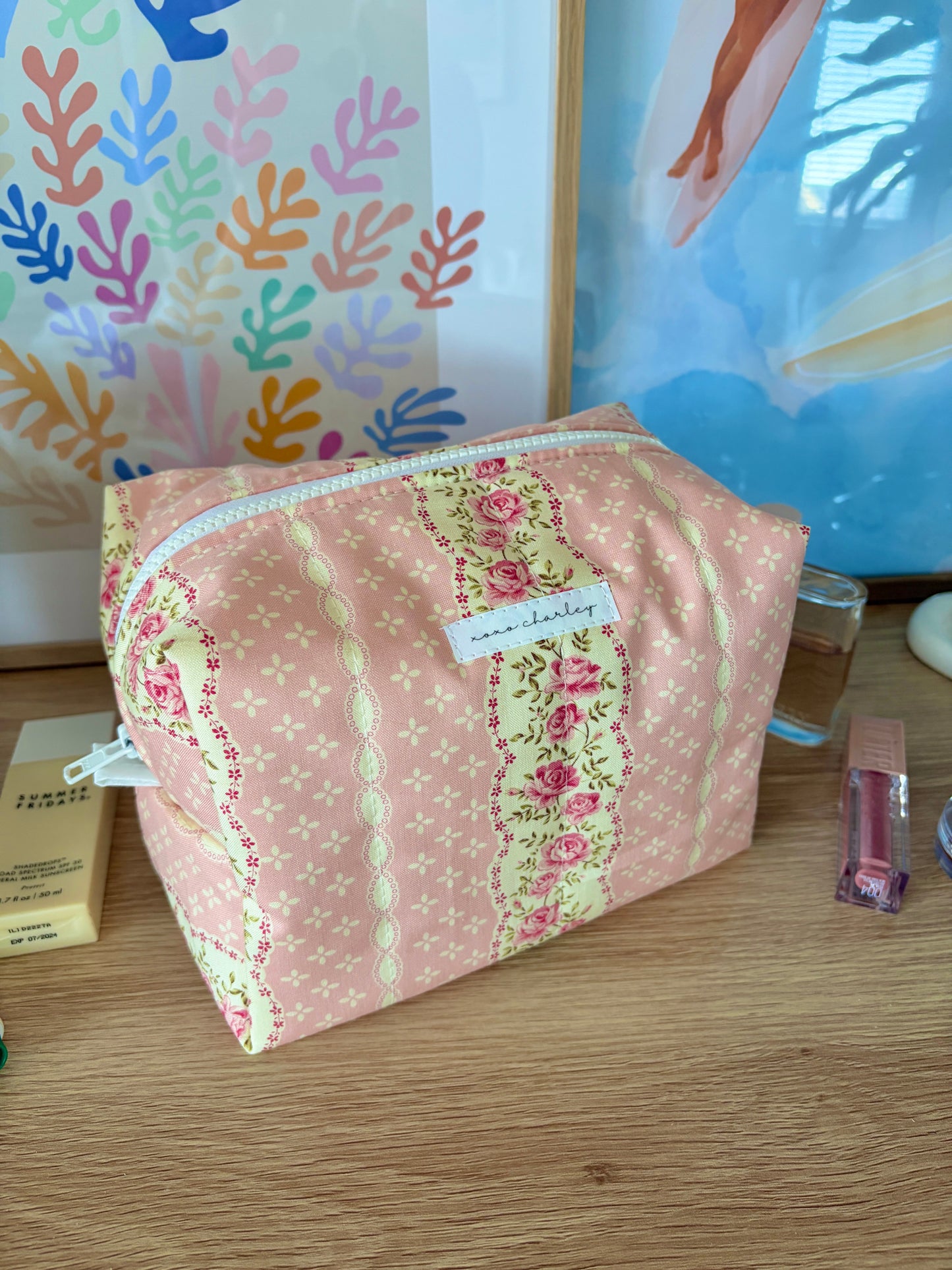 Pink & Yellow Floral Large Makeup Bag