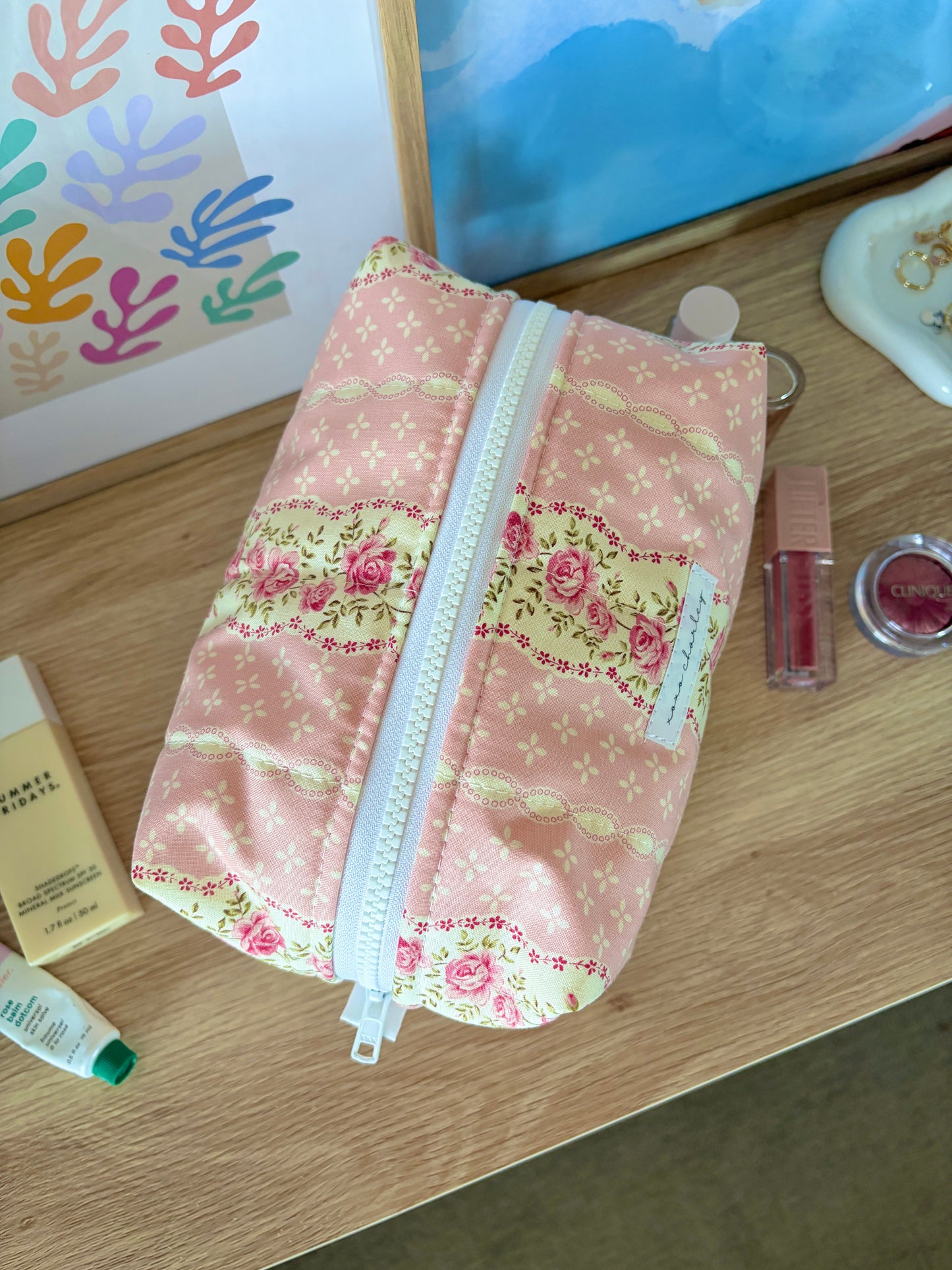 Pink & Yellow Floral Large Makeup Bag