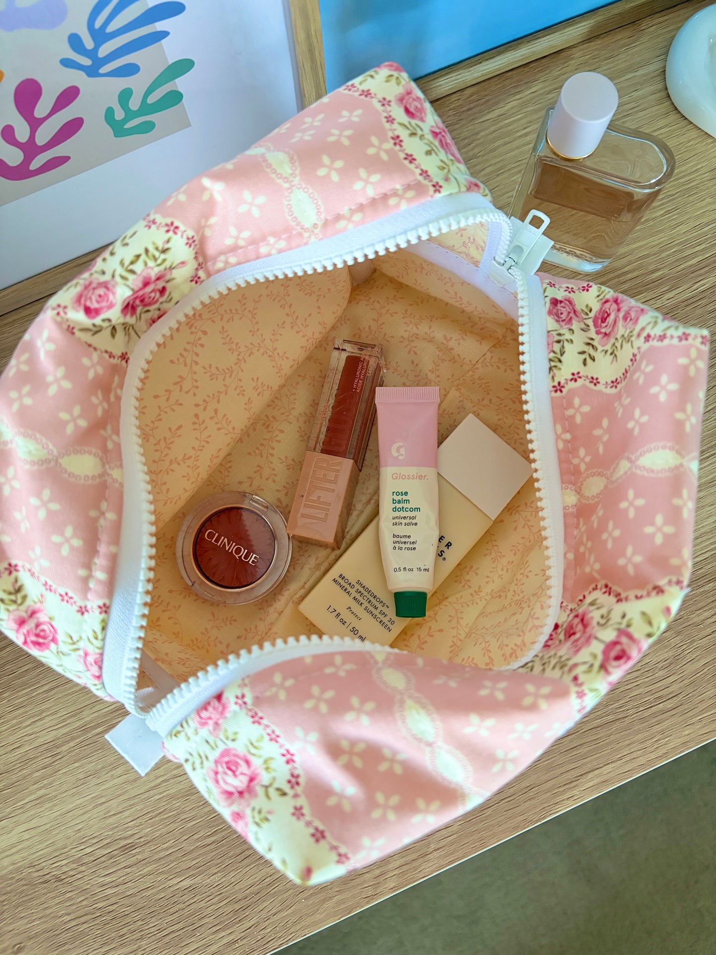 Pink & Yellow Floral Large Makeup Bag