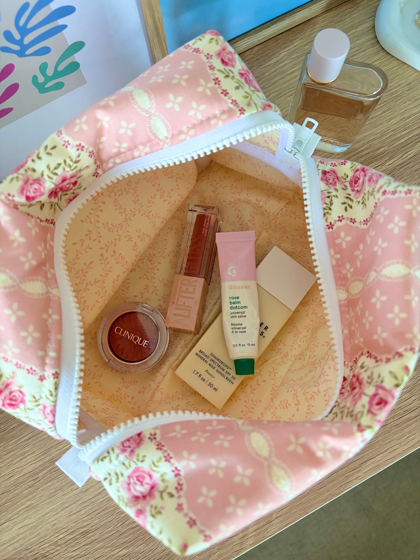 Pink & Yellow Floral Large Makeup Bag