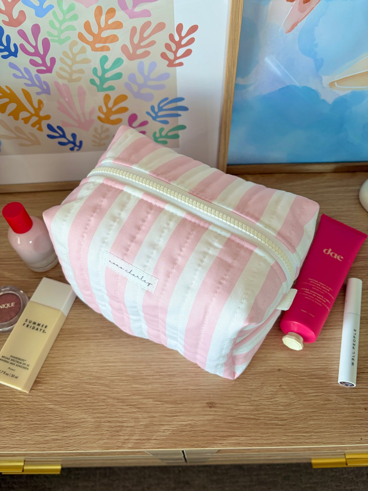 Pink & White Stripe Large Makeup Bag