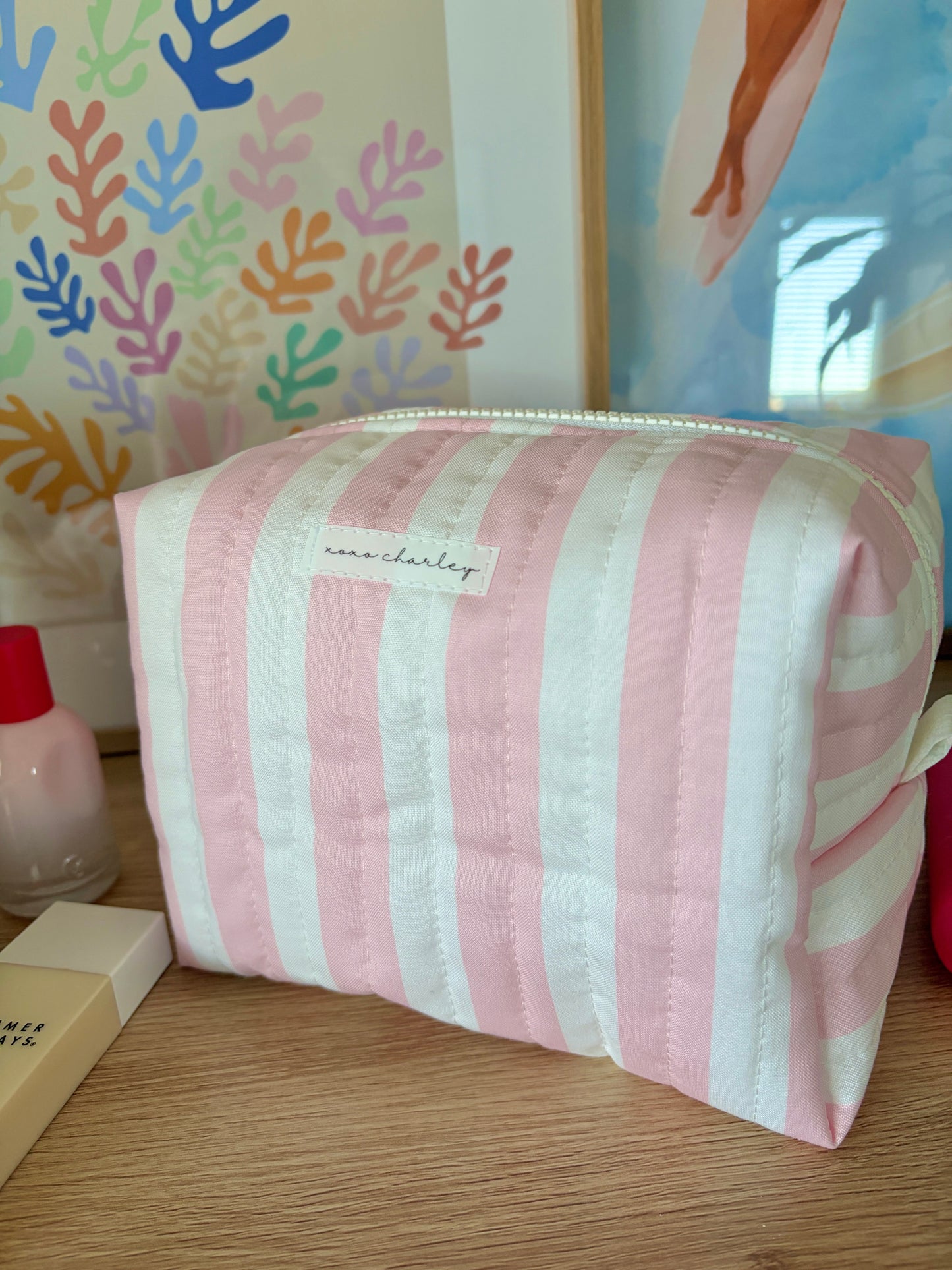 Pink & White Stripe Large Makeup Bag