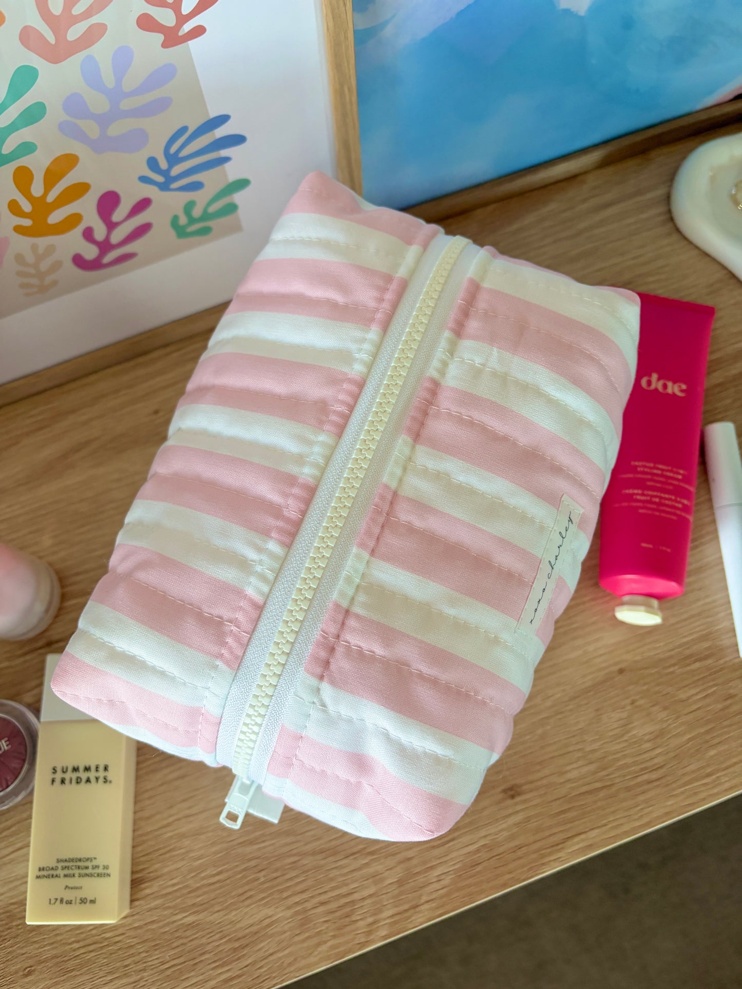 Pink & White Stripe Large Makeup Bag