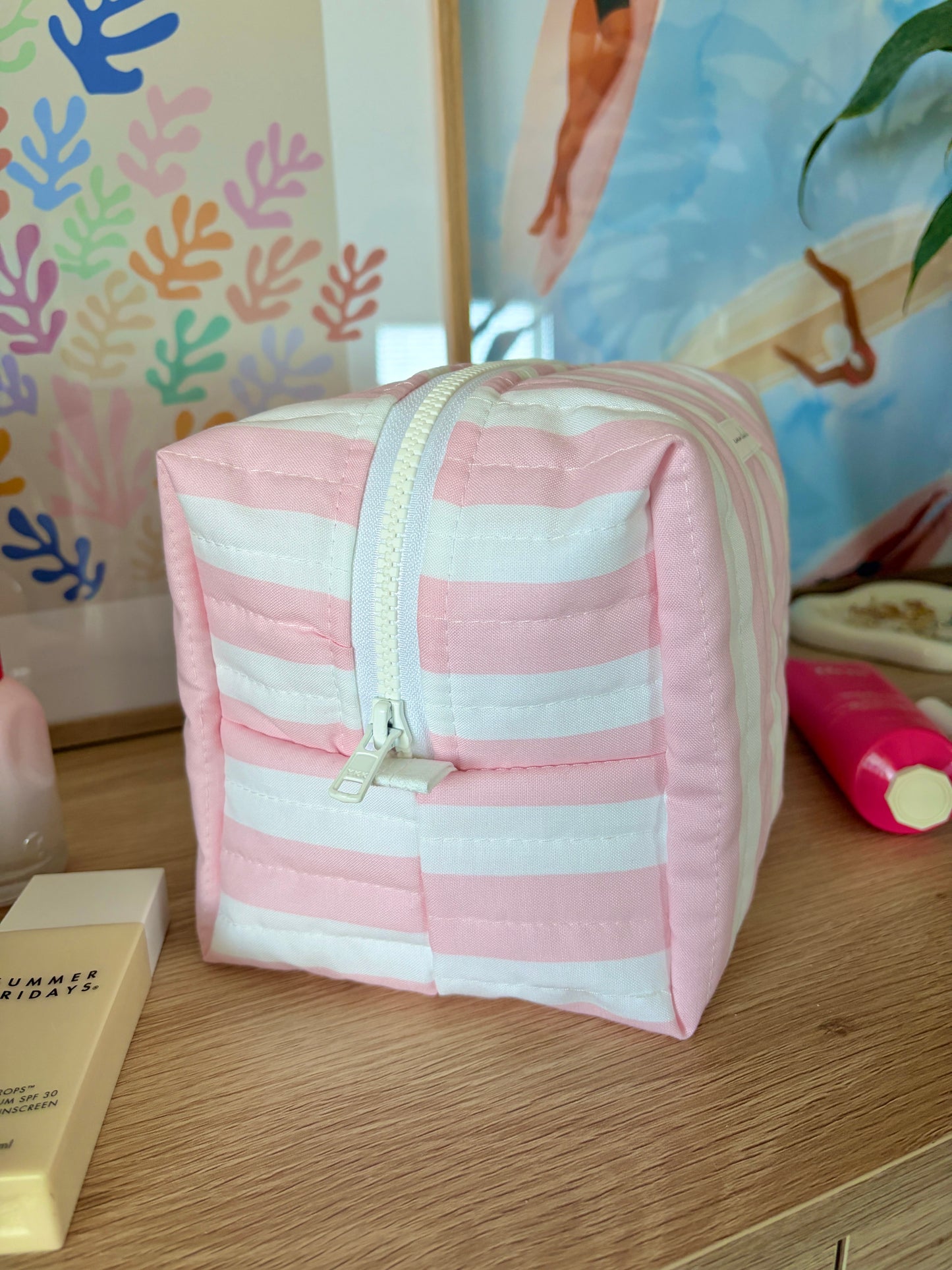 Pink & White Stripe Large Makeup Bag