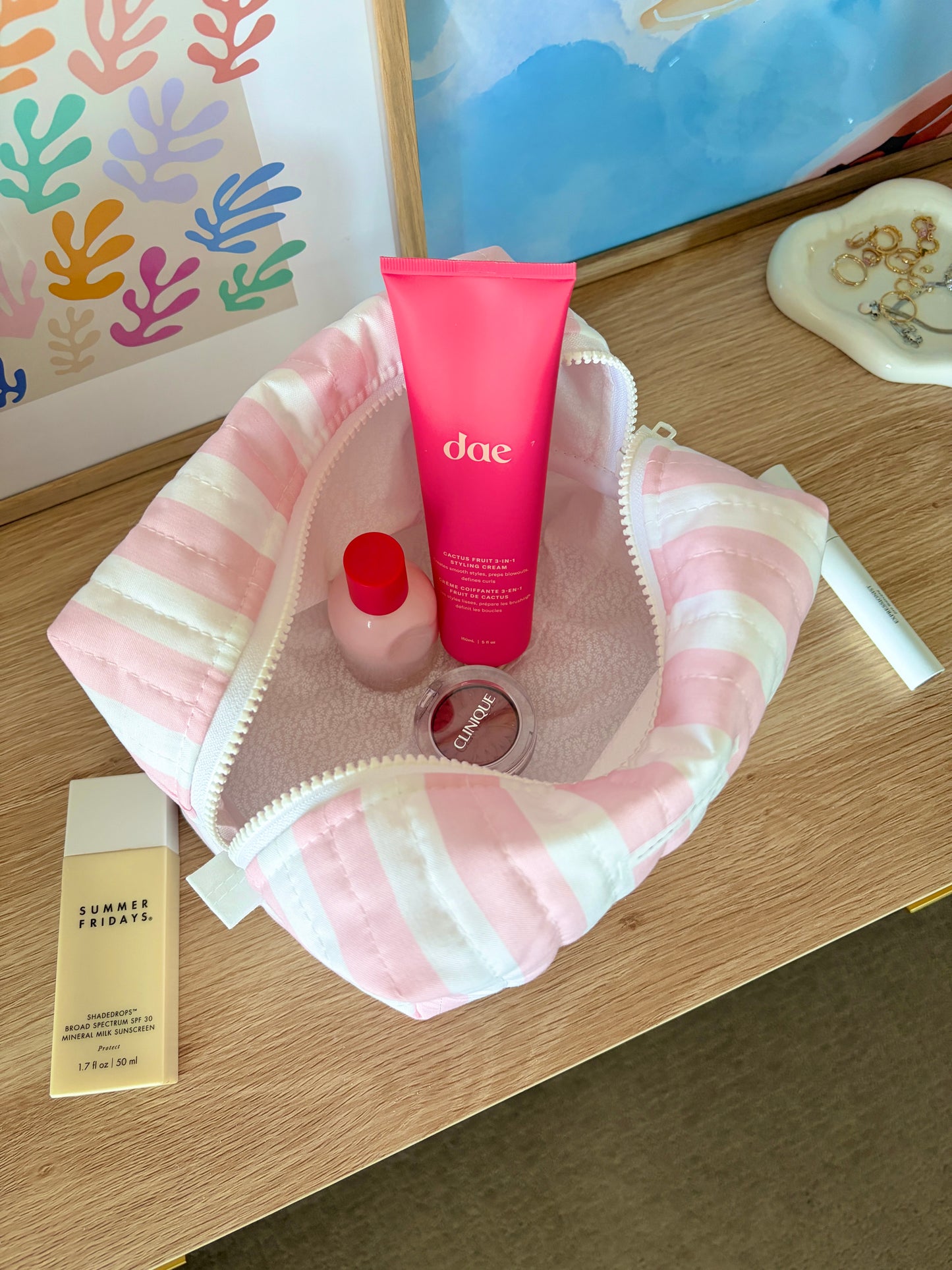 Pink & White Stripe Large Makeup Bag
