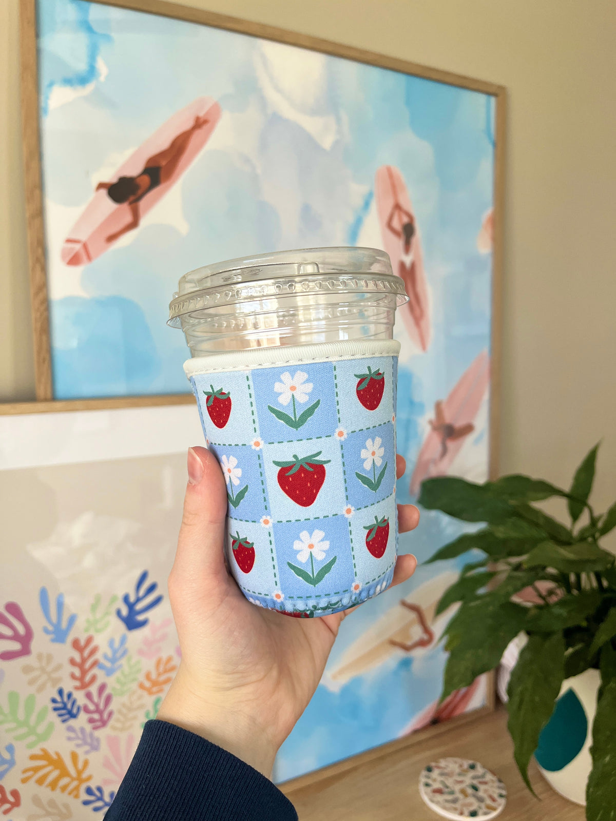 Small blue spring cup sleeve with strawberry and flower pattern