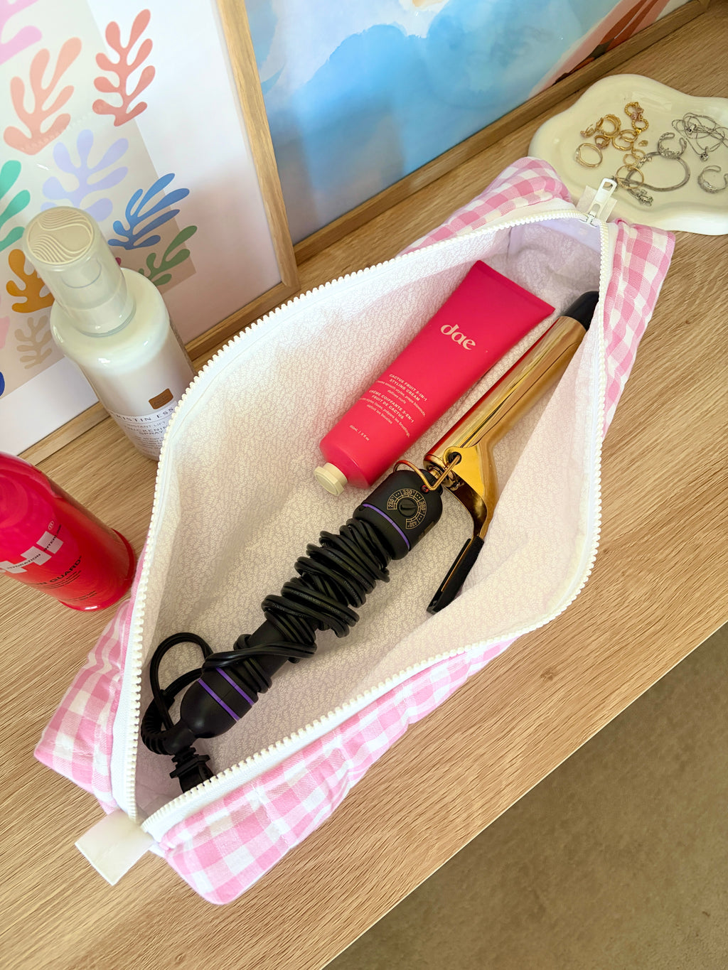 Pink Gingham Medium Hair Tools Bag