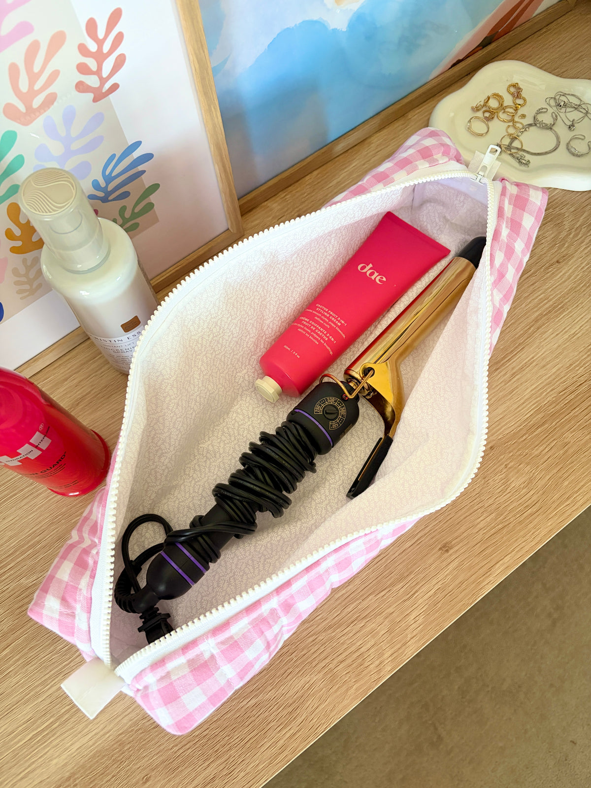 Pink Gingham Medium Hair Tools Bag