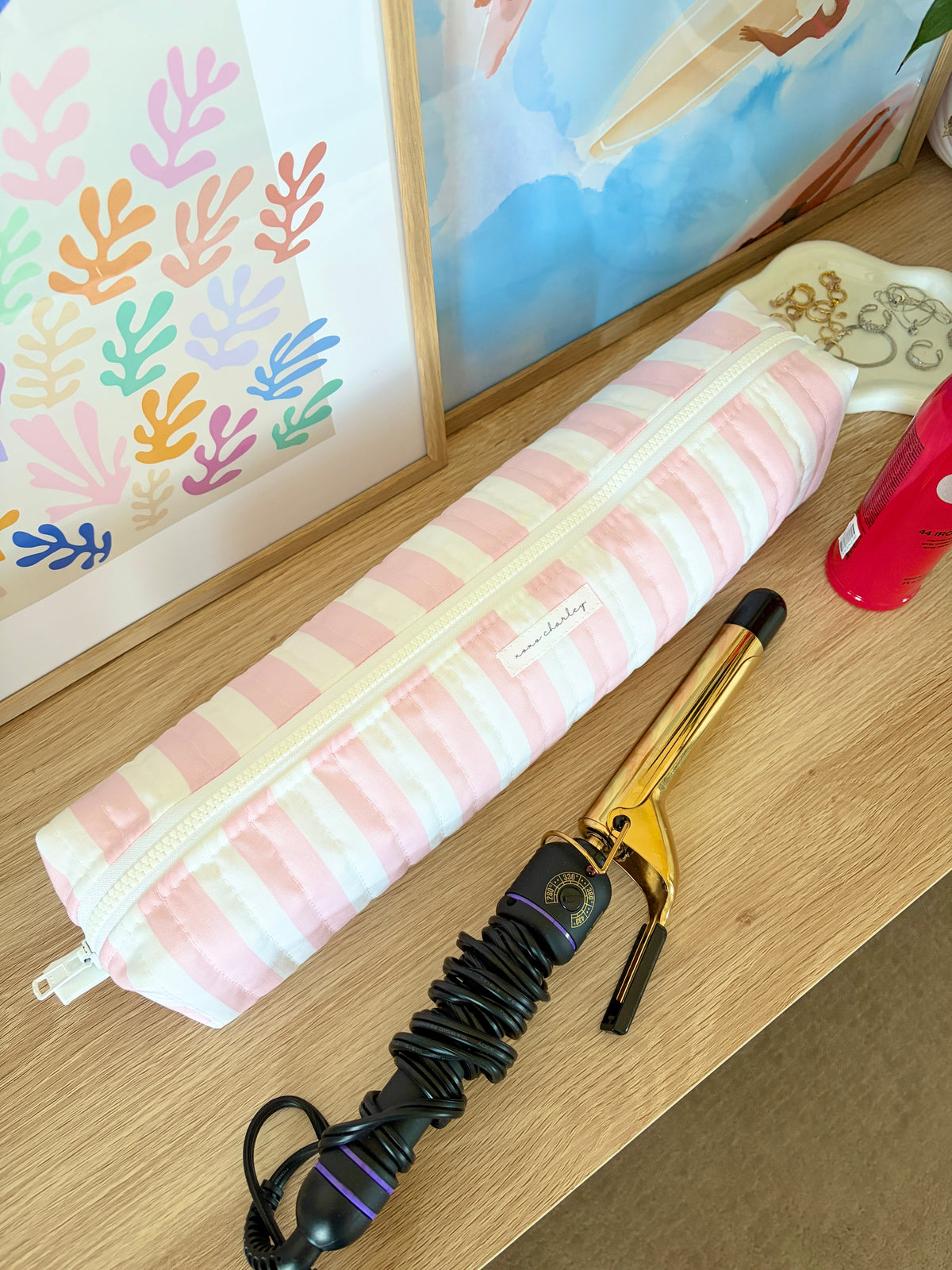 Pink & White Stripe Medium Hair Tools Bag