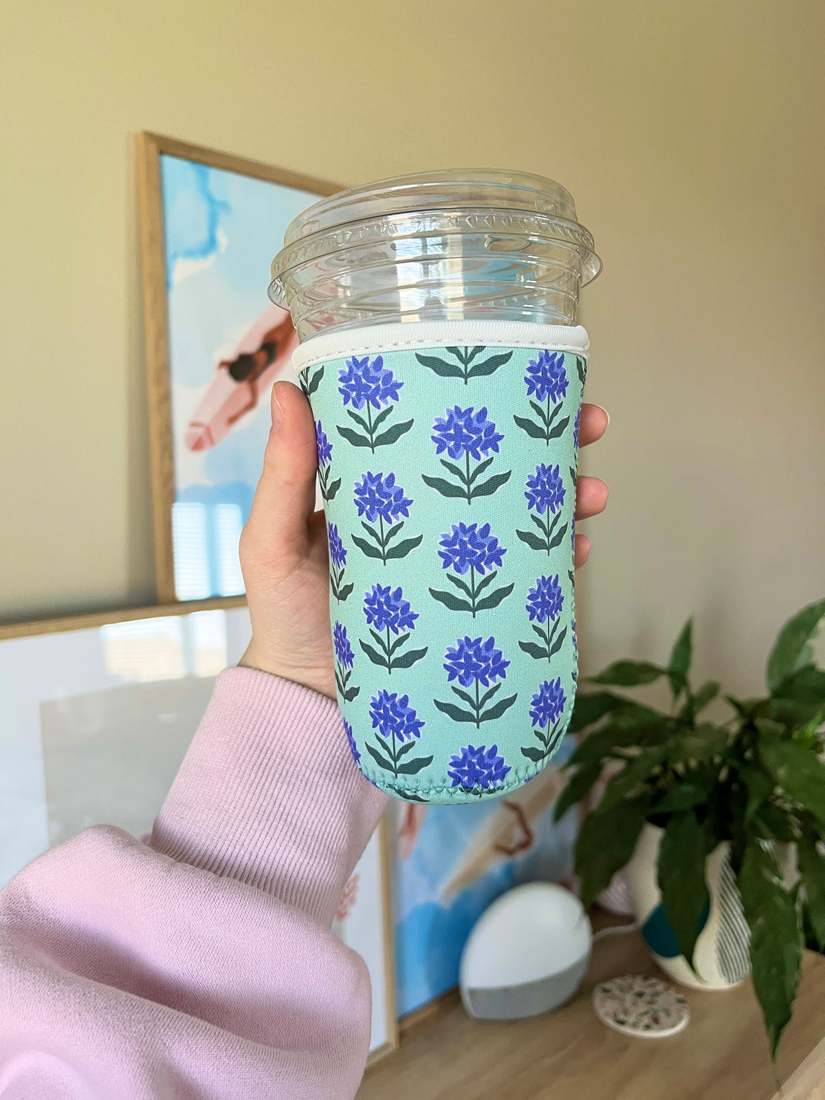 Purple wildflower printed cup sleeve with elastic top opening