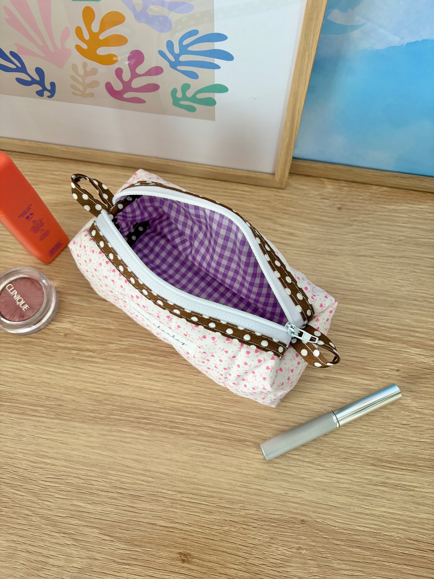 Tiny Pink Hearts Colorblock Bag - Brown/Purple Gingham