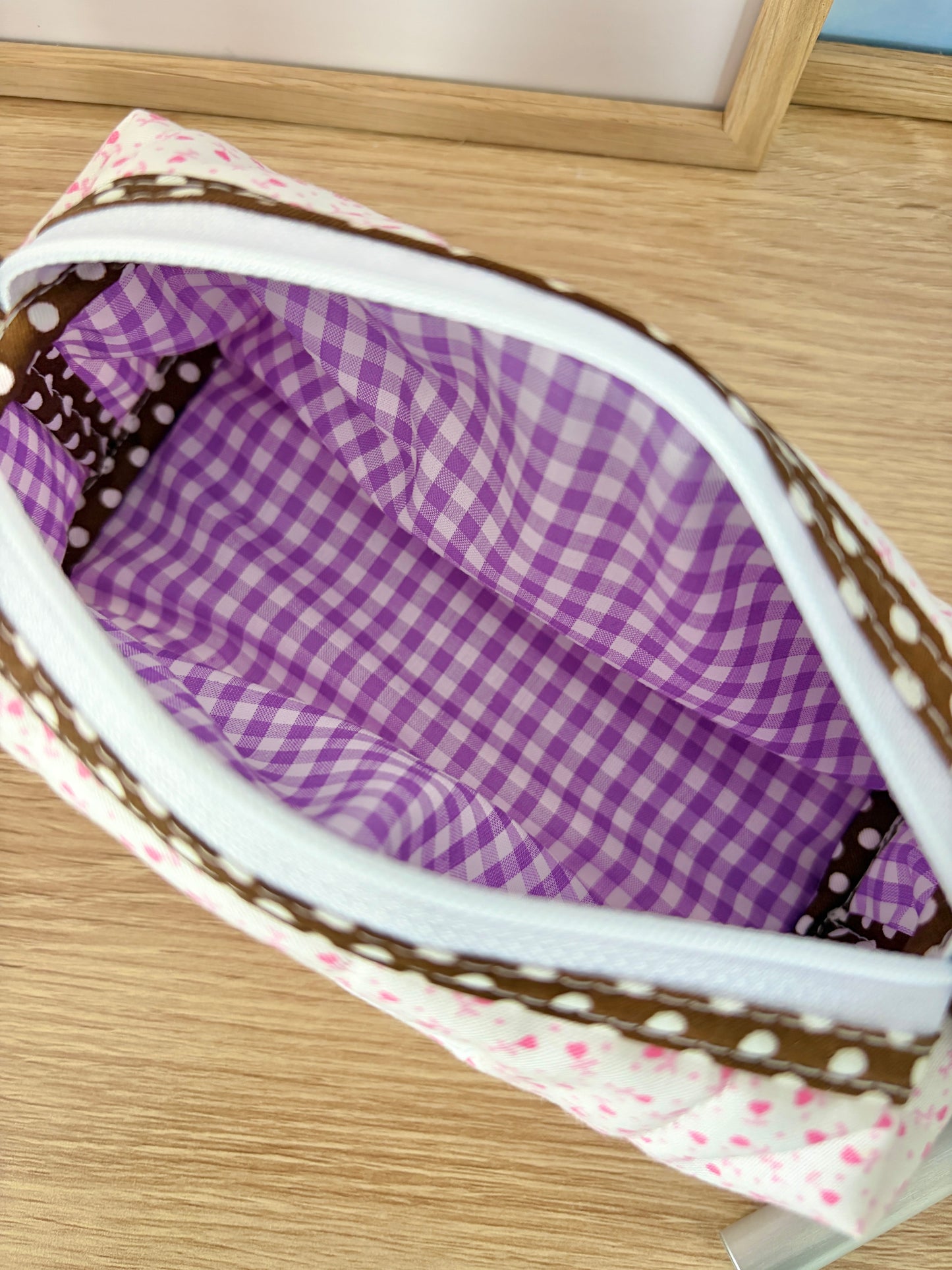 Tiny Pink Hearts Colorblock Bag - Brown/Purple Gingham