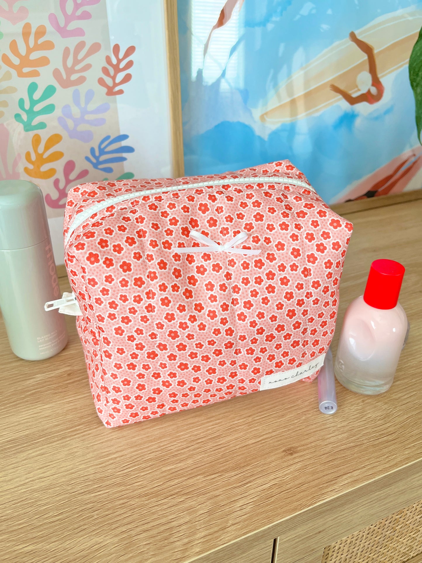 The Amelia Makeup Bag with white bow