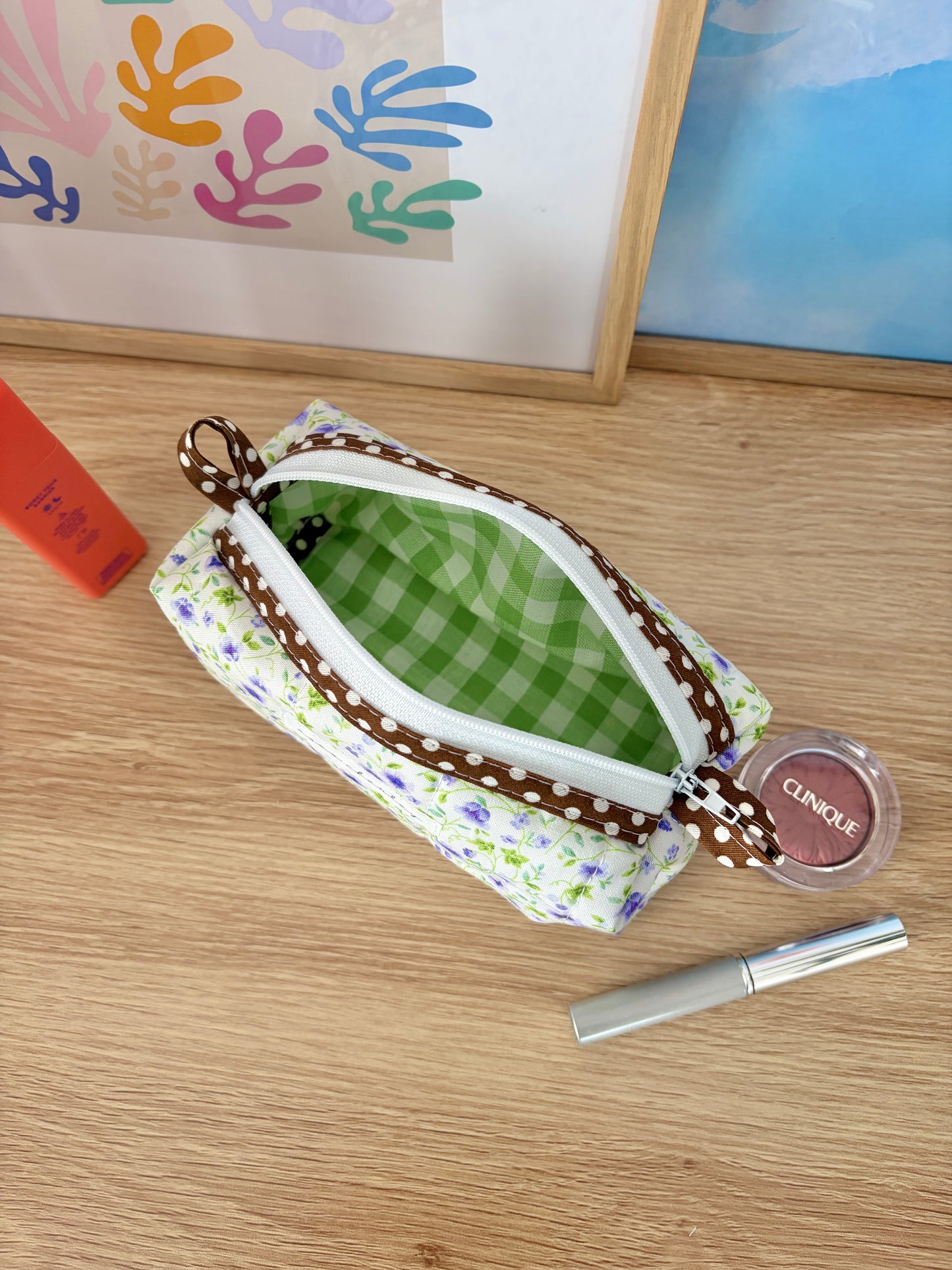 Purple Floral Colorblock Bag - Brown/Green Gingham