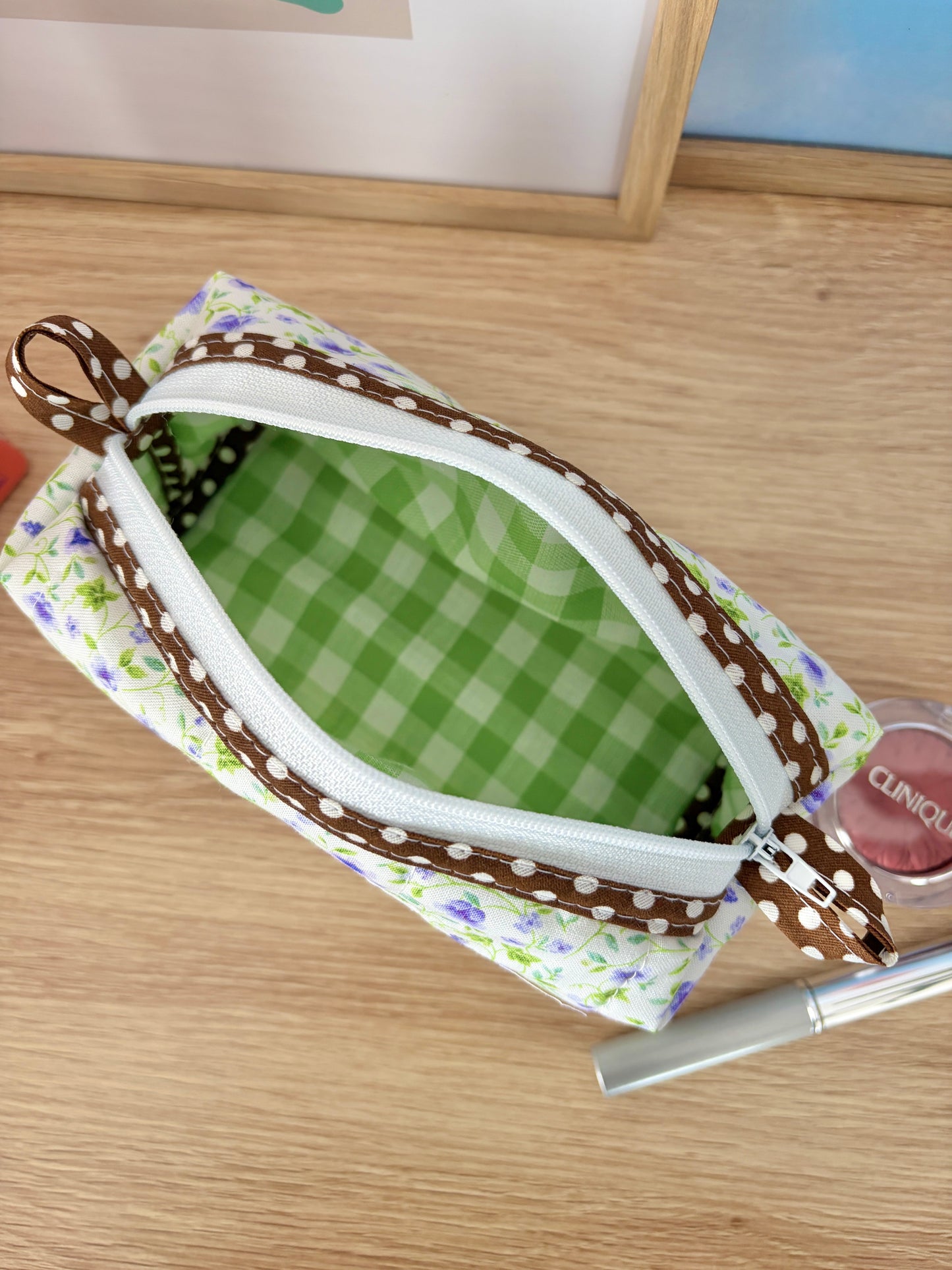 Purple Floral Colorblock Bag - Brown/Green Gingham
