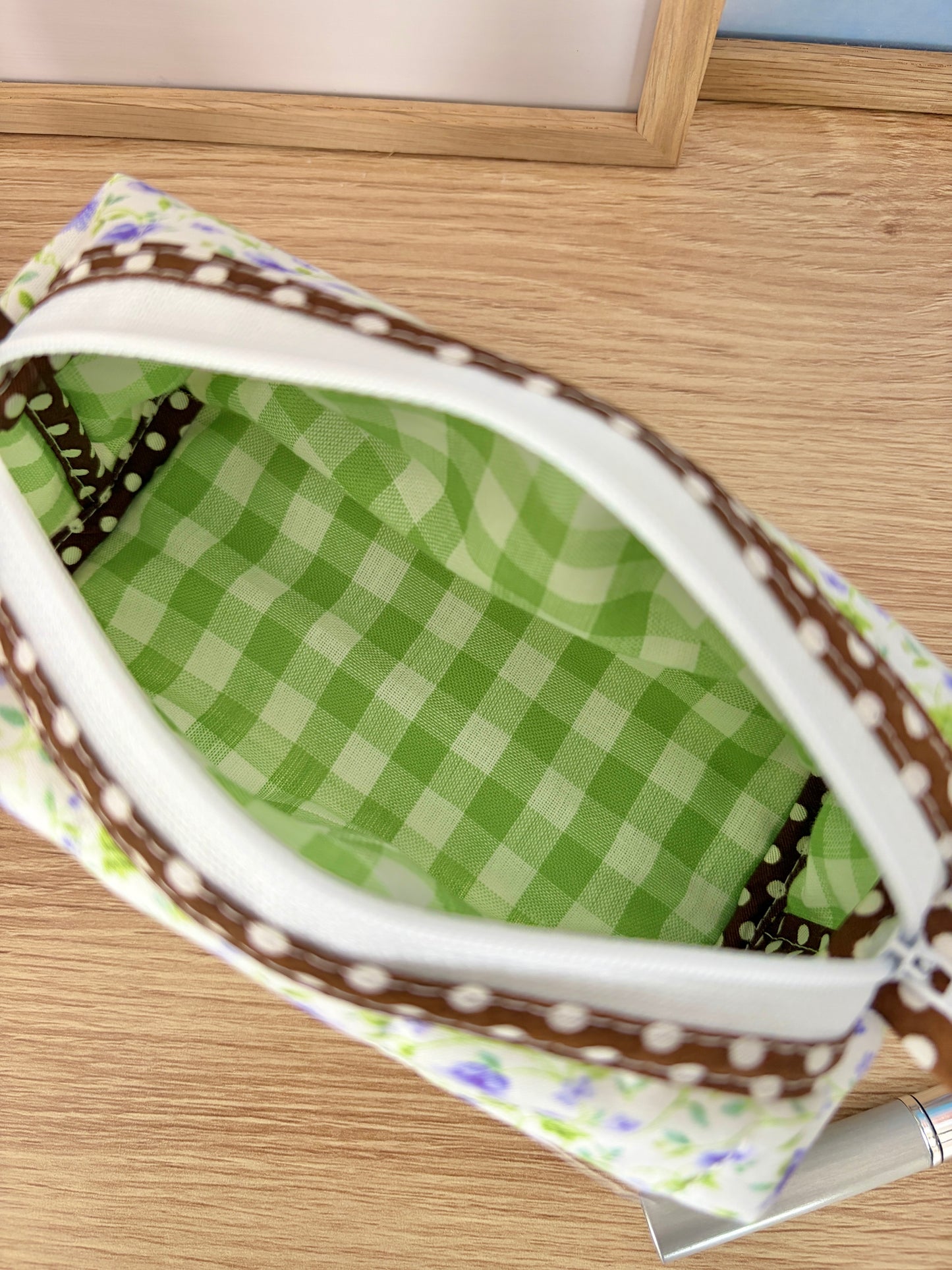 Purple Floral Colorblock Bag - Brown/Green Gingham