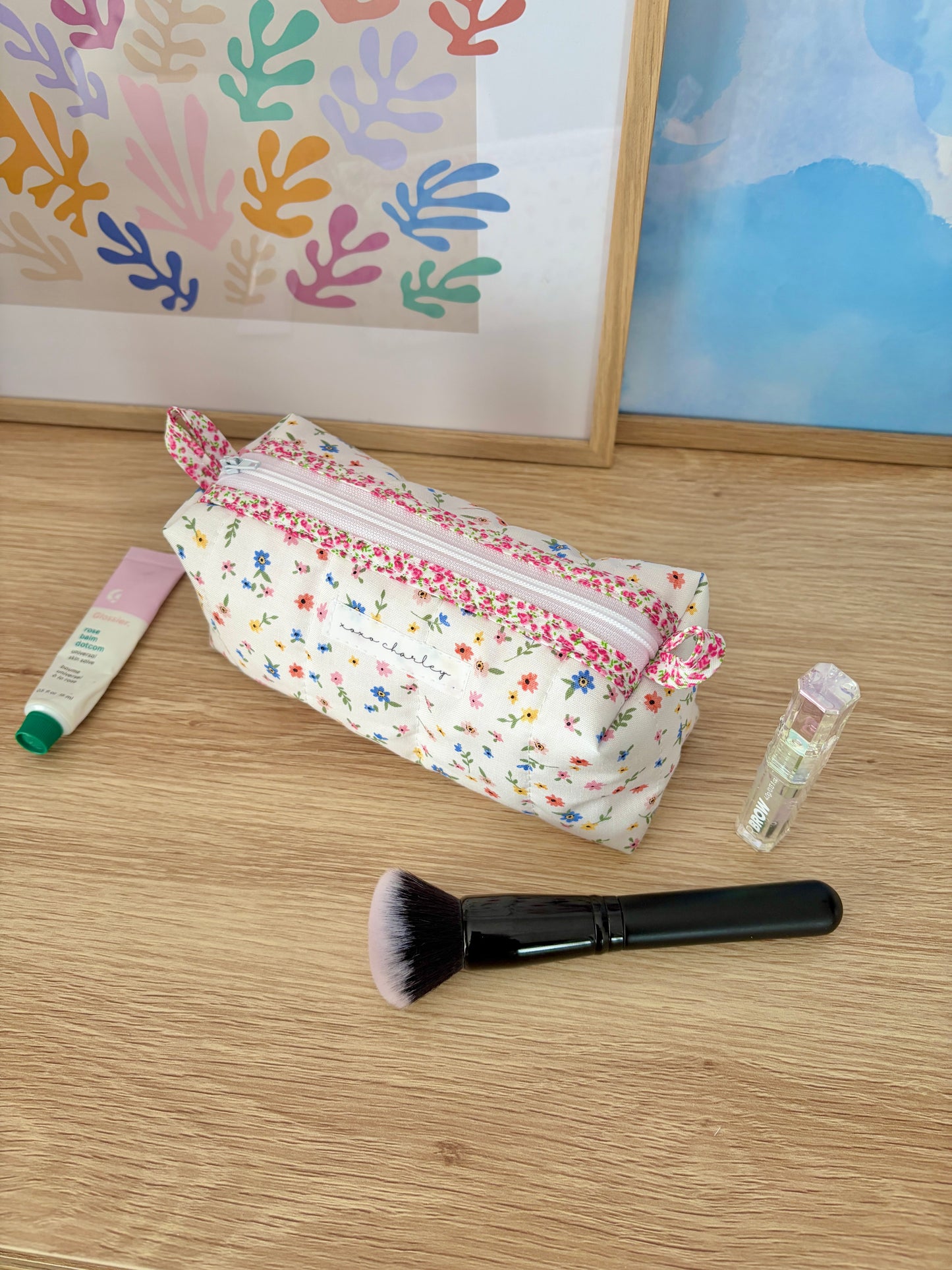 Mini Colorful Flowers Colorblock Bag - Pink Floral/White Dots