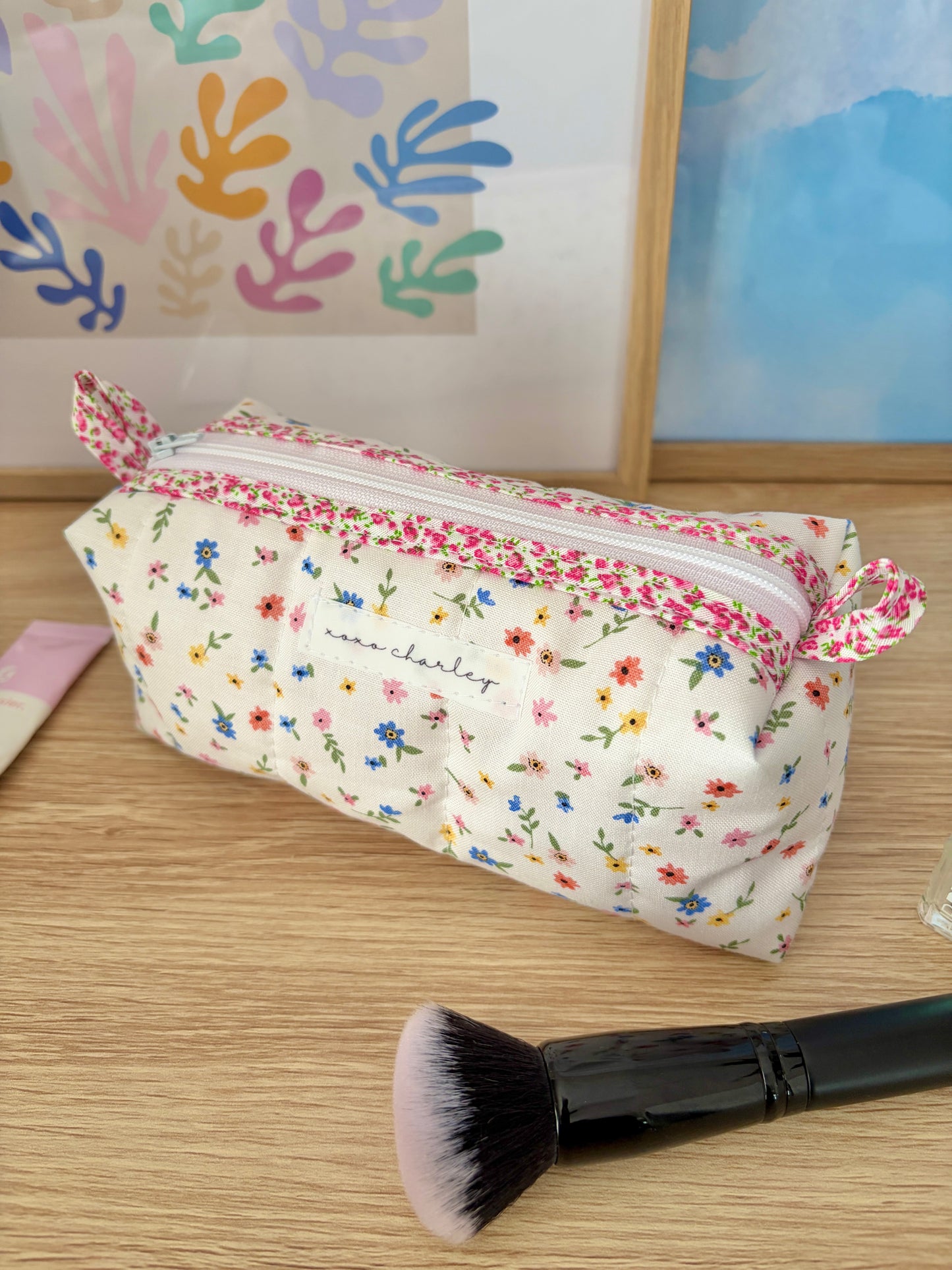 Mini Colorful Flowers Colorblock Bag - Pink Floral/White Dots
