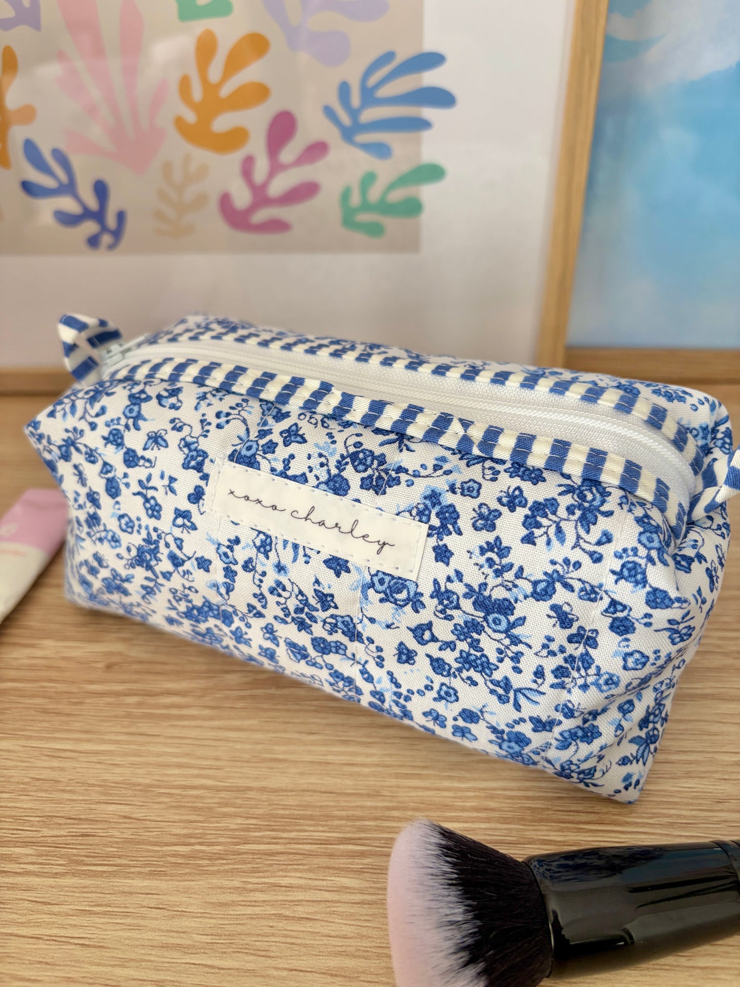 Royal Blue Floral Colorblock Bag - Blue/White