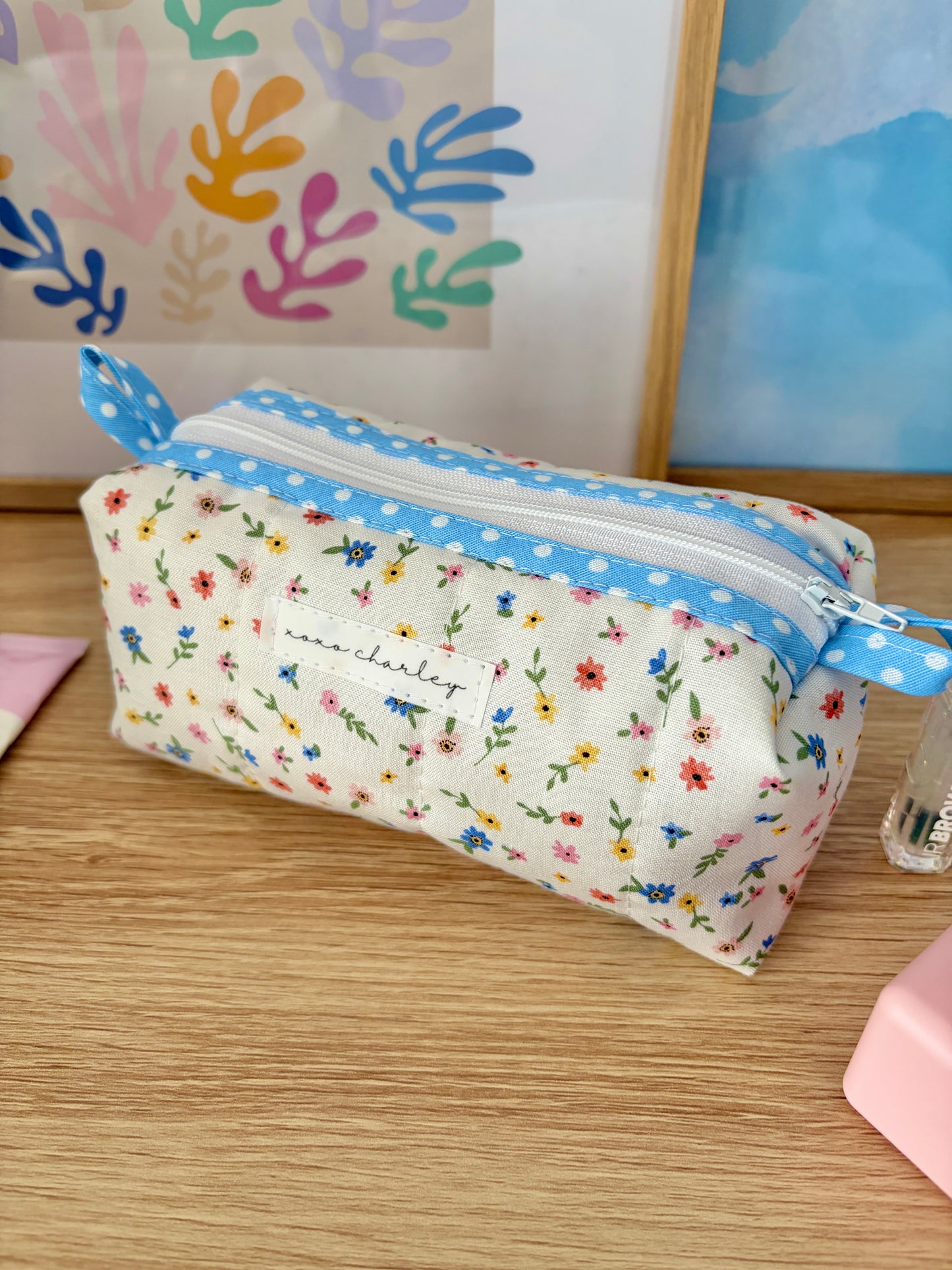 Mini Colorful Flowers Colorblock Bag - Blue/Purple Gingham