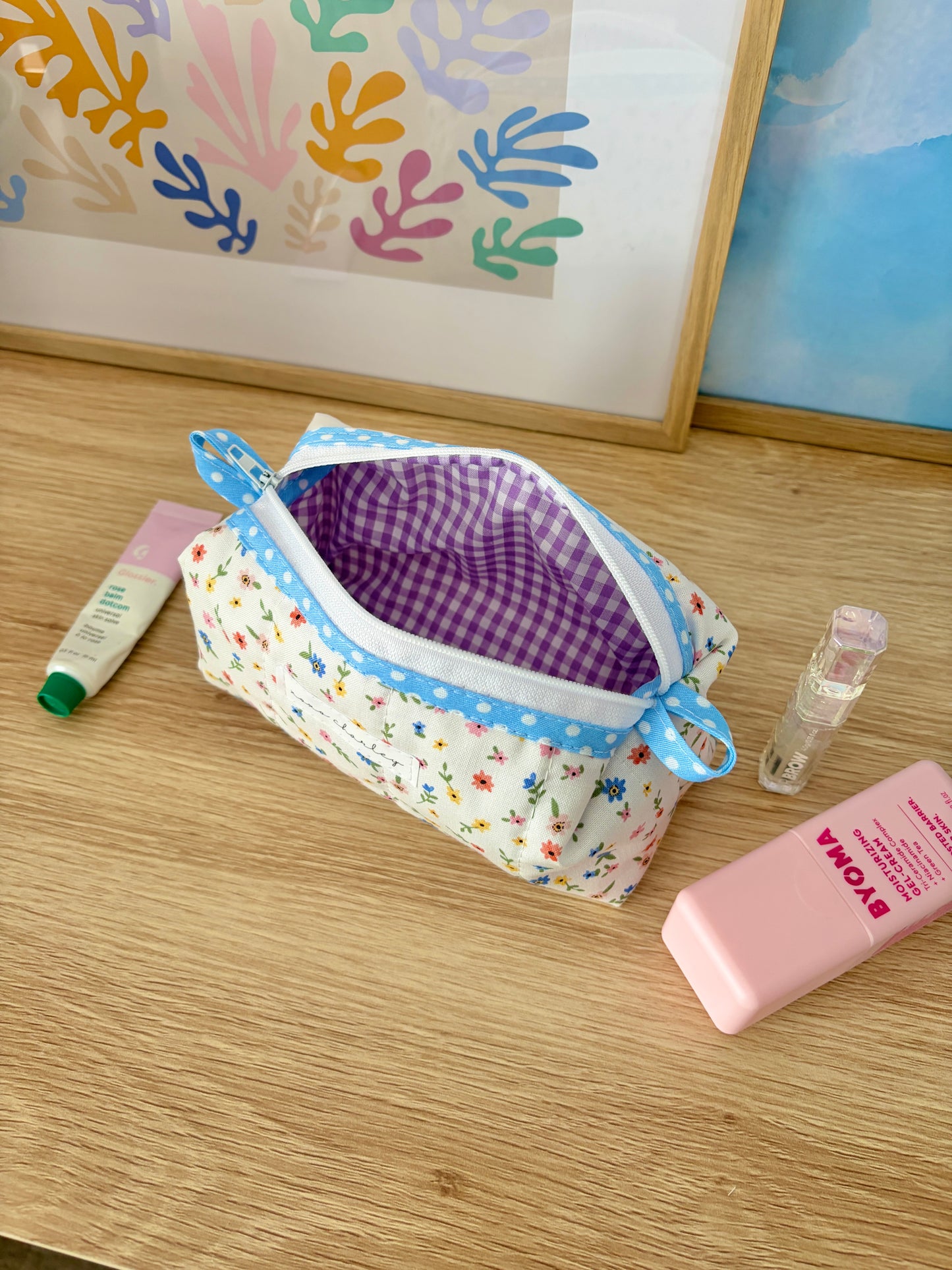 Mini Colorful Flowers Colorblock Bag - Blue/Purple Gingham