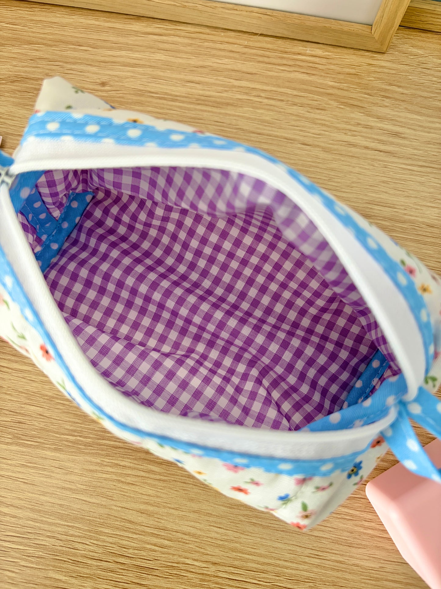 Mini Colorful Flowers Colorblock Bag - Blue/Purple Gingham