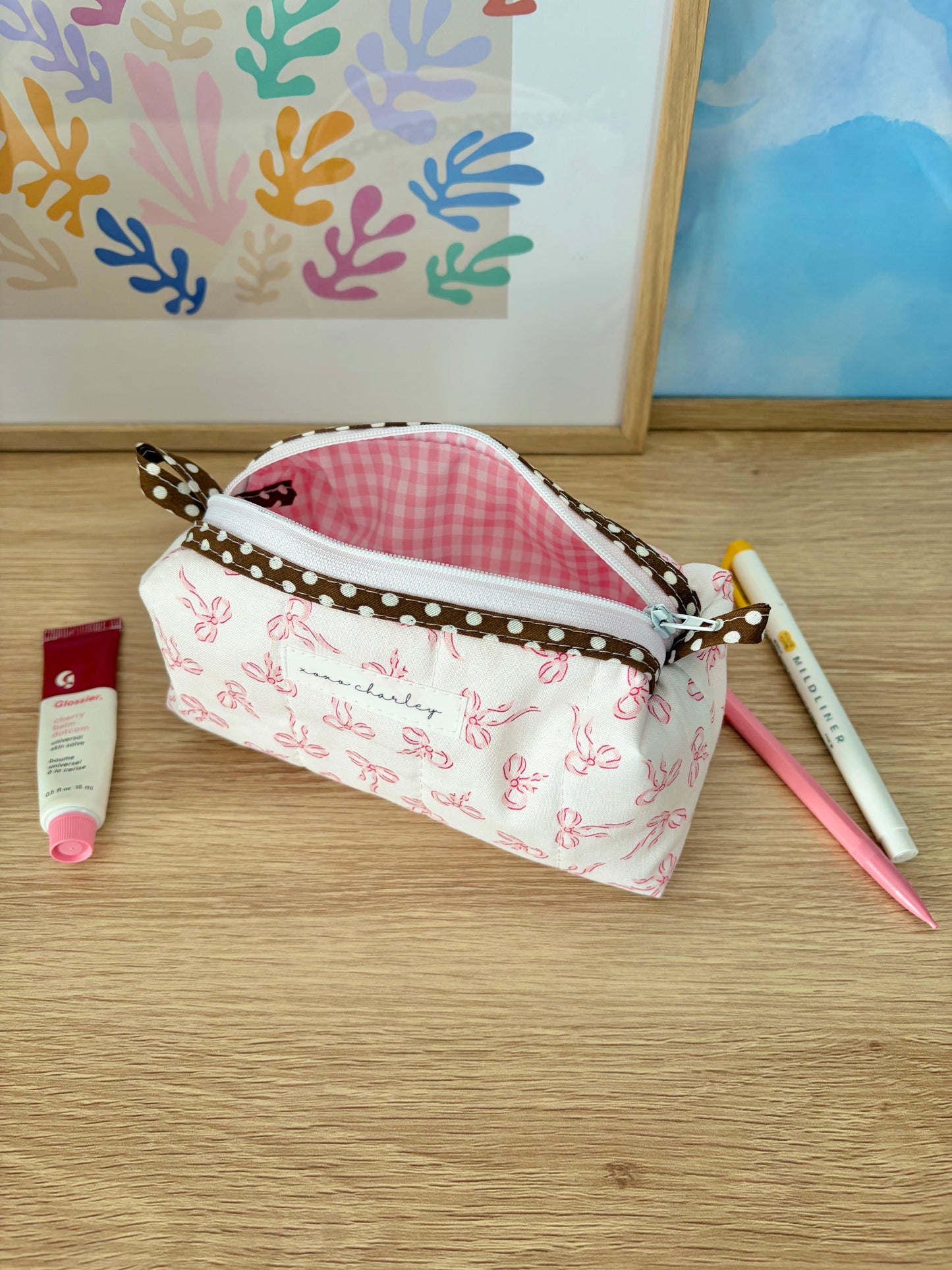 Mini Pink Bows Colorblock Bag - Brown/Pink Gingham