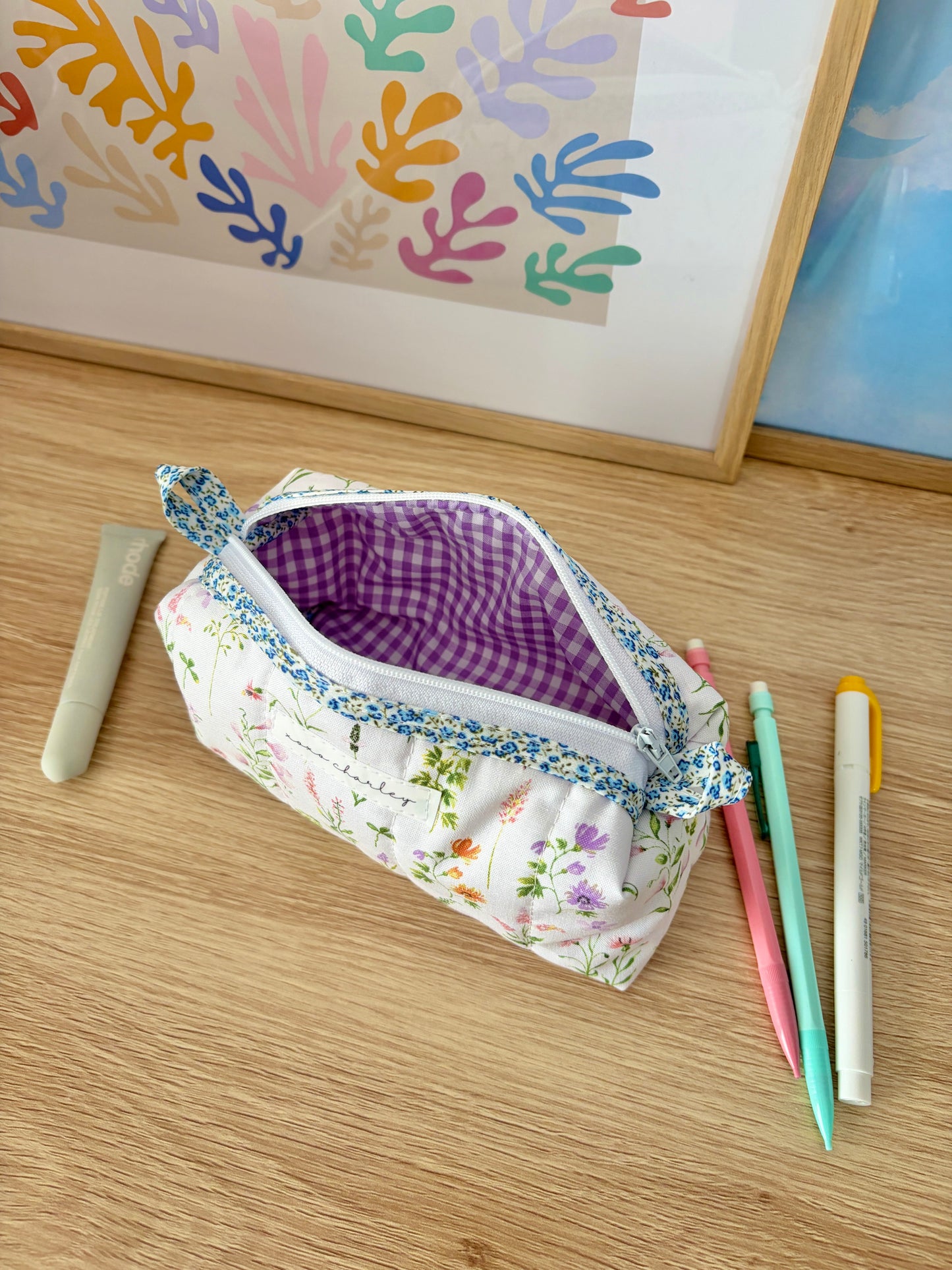 Purple Wildflower Colorblock Bag - Blue Floral/Purple Gingham