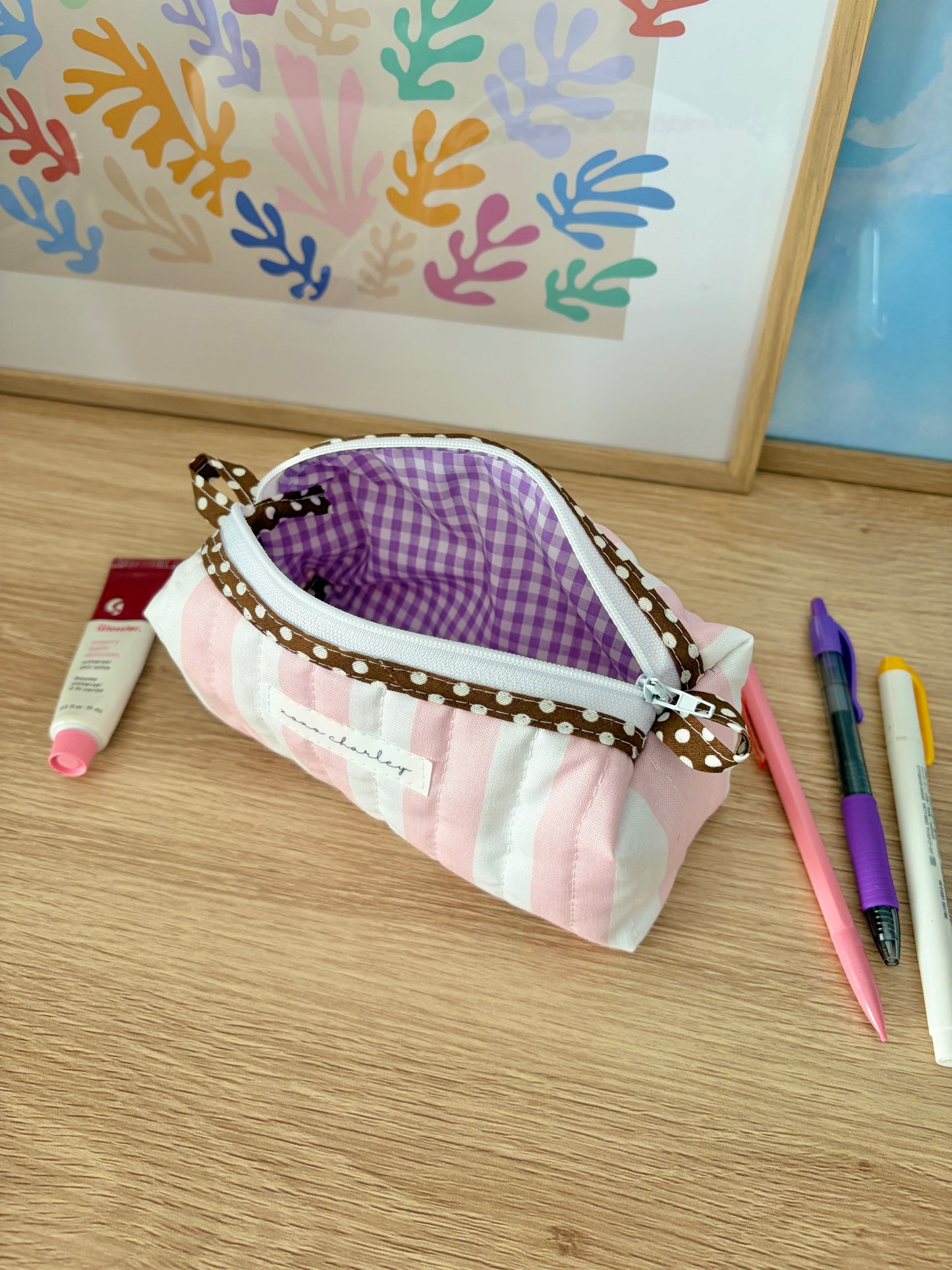 The Pink & White Stripe Colorblock Bag - Brown/Purple Gingham