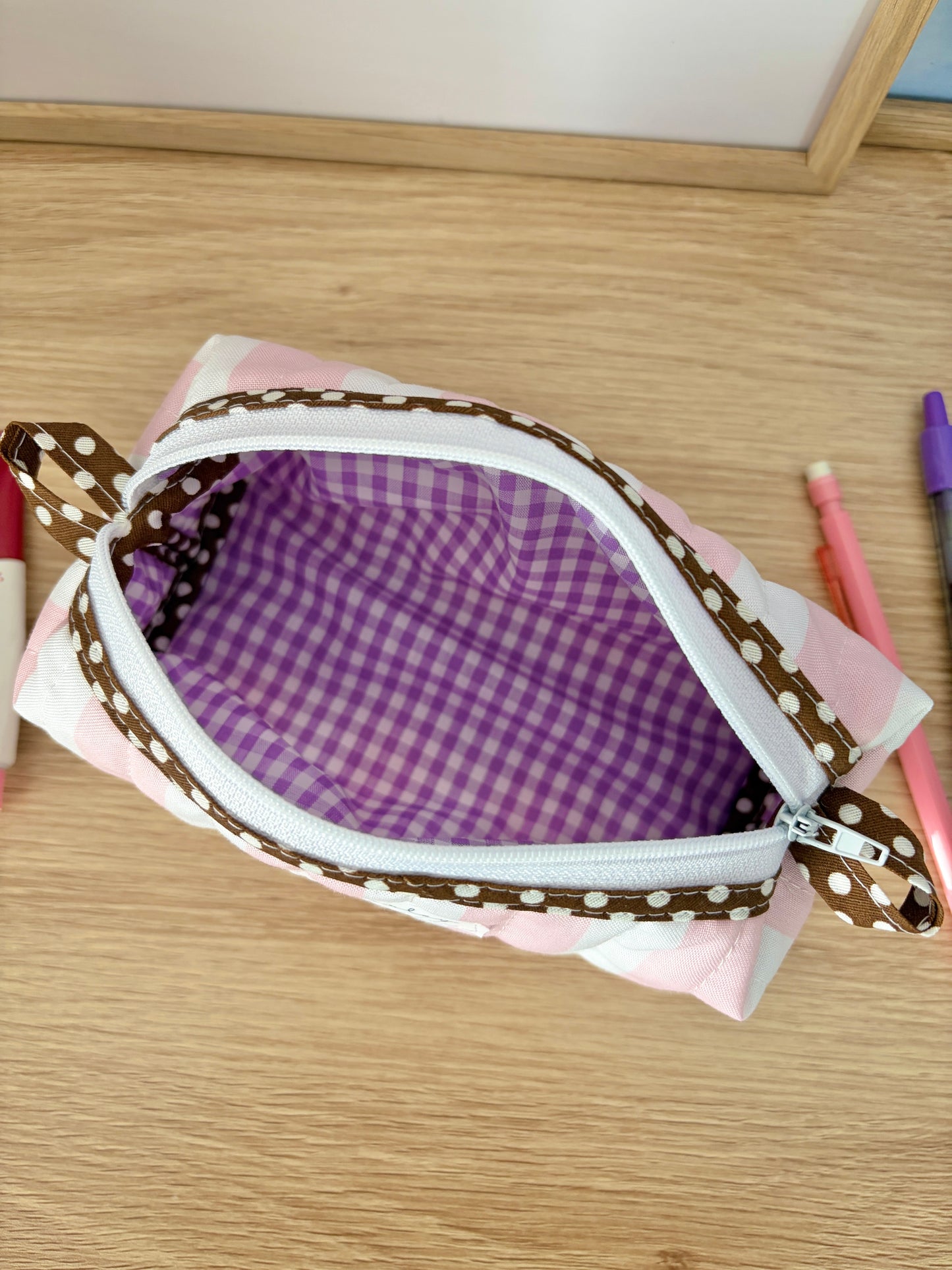 The Pink & White Stripe Colorblock Bag - Brown/Purple Gingham