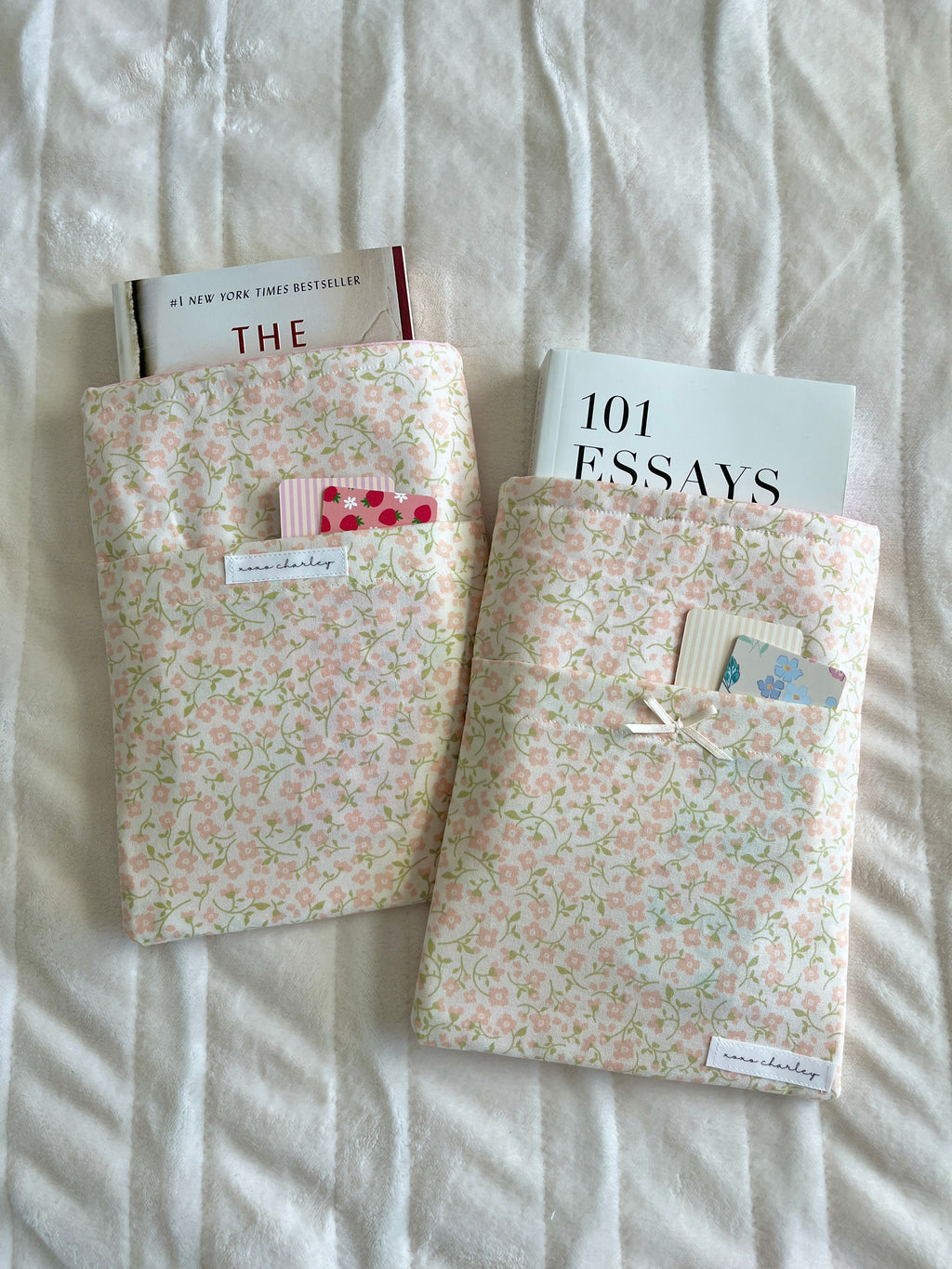 Floral medium book sleeve with pink side lining and hanging ties, no bow shown